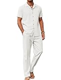 Men 2 Piece Linen Outfit Beach Button Down Shirt Casual Loose Pant Sets