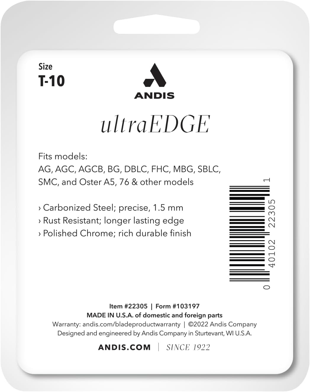 Andis 22305 UltraEdge Detachable Blade, Size T-10, 1/6in Cut image 3