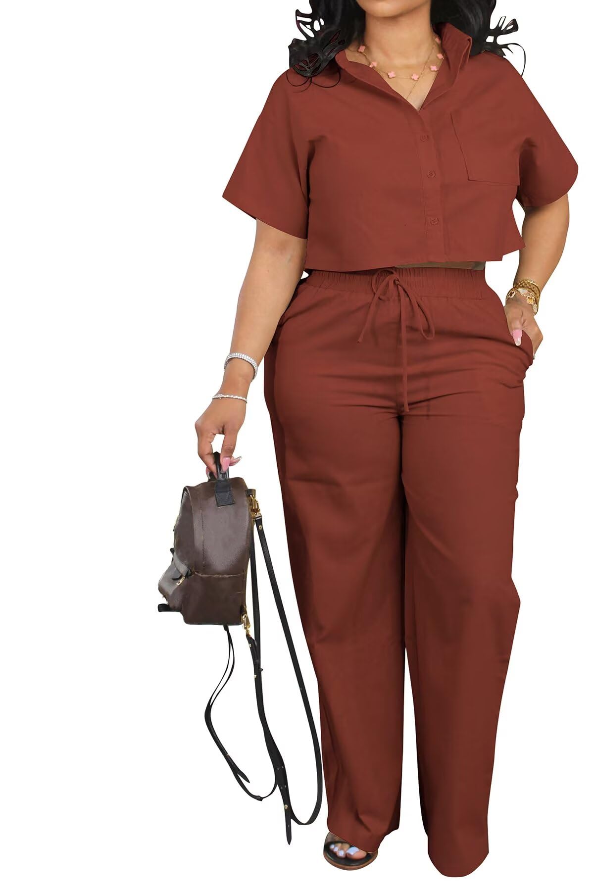 ThusFar Women Linen 2 Piece Outfits Short Sleeve Button Down Crop Top Drawstring Long Pants Suit Summer Work