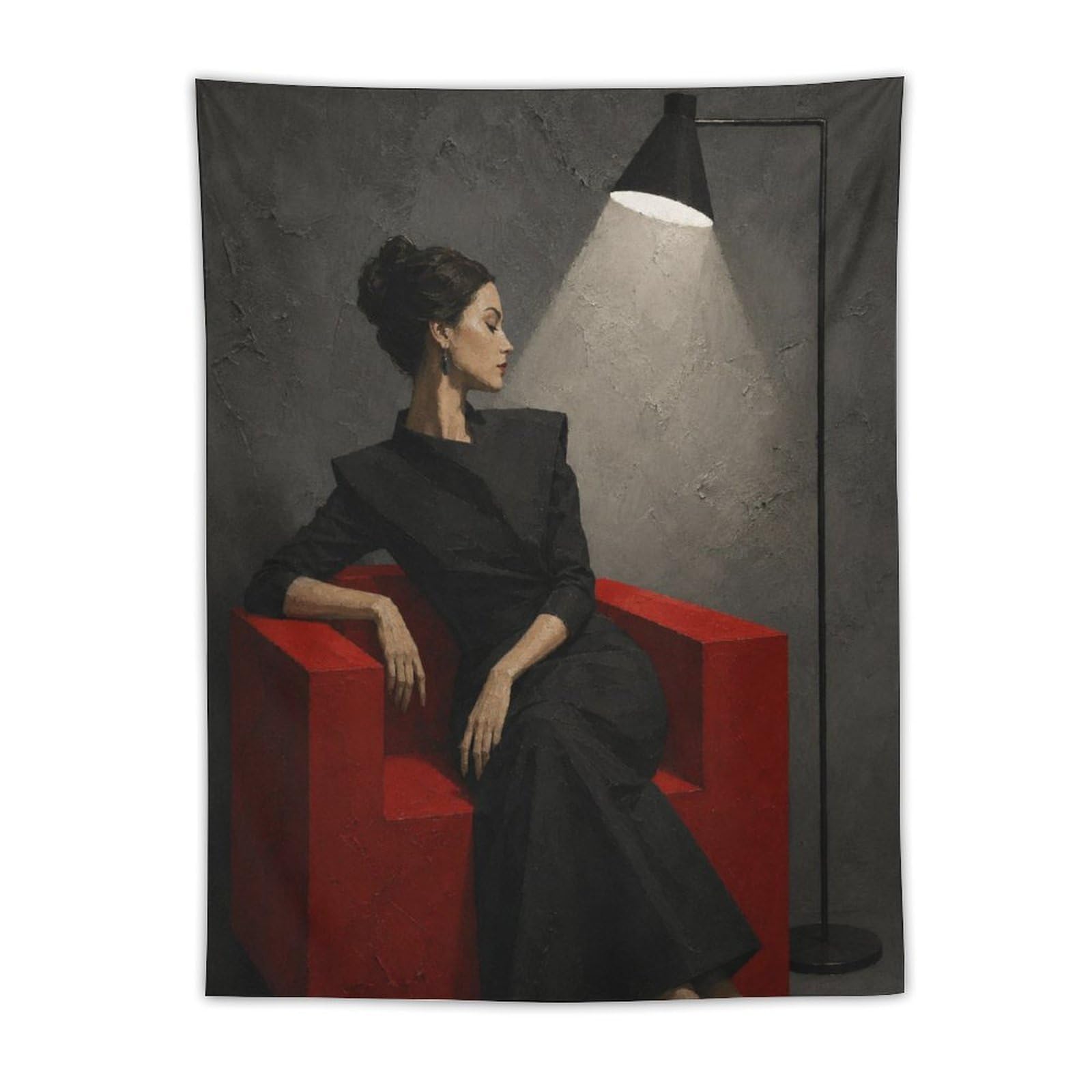 H3B8U2Y5 Woman in Black Dress Wall Tapestry, Realistic Illustration