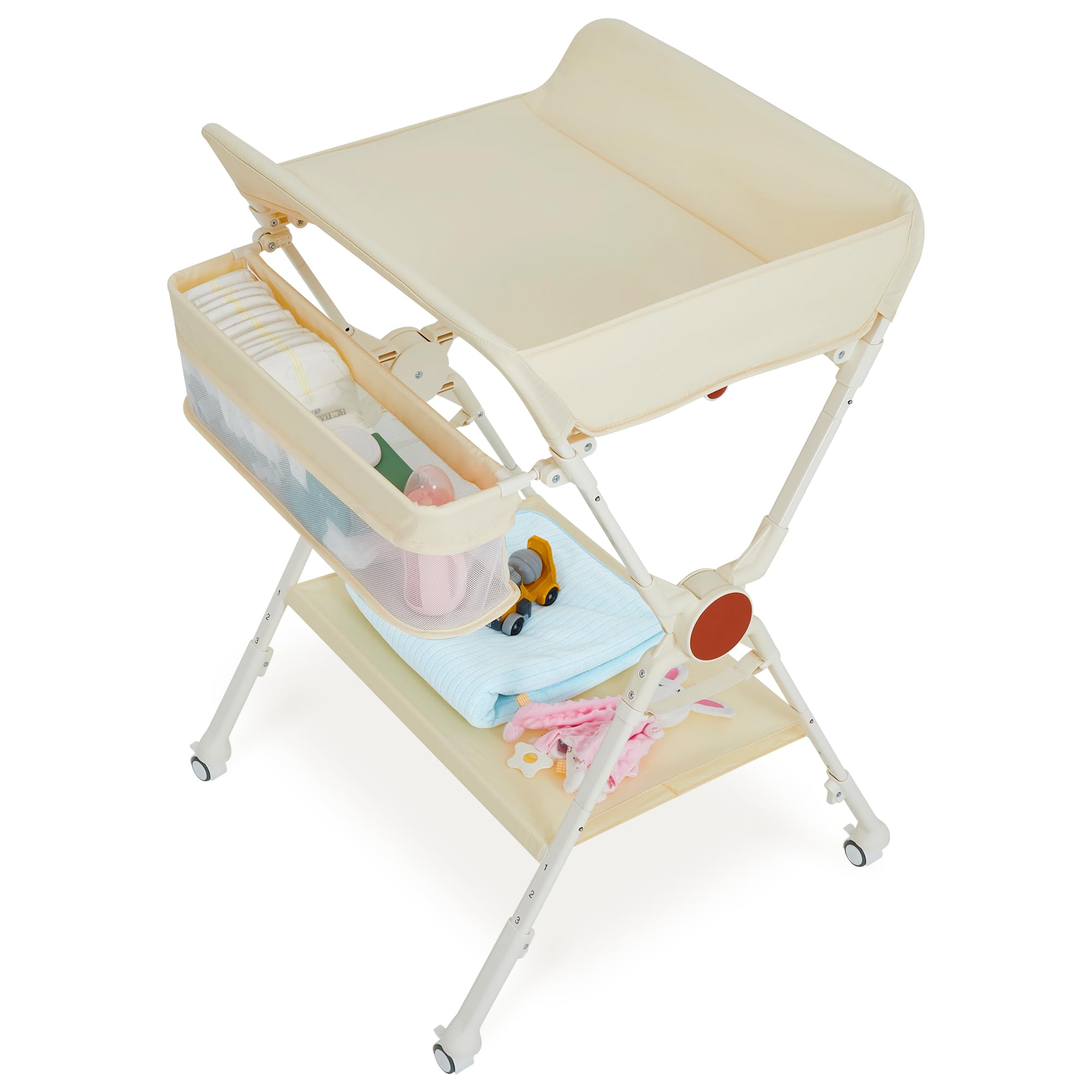 Aptliton Cambiador de bebé 69 x 68,8 x 107 cm, cambiador plegable de hierro y tela con cinturón de seguridad, cuatro ruedas con frenos y cesta lateral, altura ajustable para recién nacidos, B