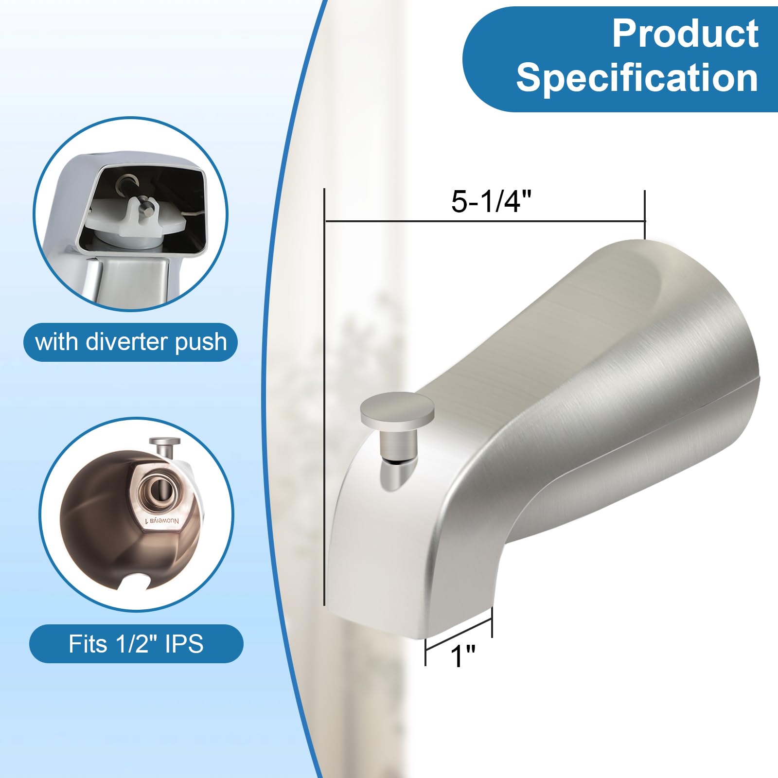 Boquilla universal para bañera de baño para montaje frontal de pared de alcance de 4 pulgadas, compatible con Westbrass E531D-1F-62, boquilla de bañera con desviador de rosca interior IPS de 1/2