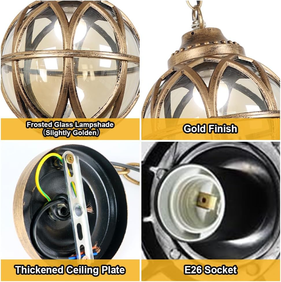 Outdoor Pendant Light for Porch, Vintage Waterproof Gold Globe Ceiling Hanging Lights Lantern Glass Aluminum Exterior Retro Chandelier for Porch Patio Farmhouse Entryway (18cm/7")