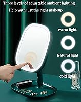 Vista 6 de Espejo de maquillaje LED, recargable por USB, espejo de tocador de mesa iluminado, 3 modos de color, espejo independiente giratorio de 180°