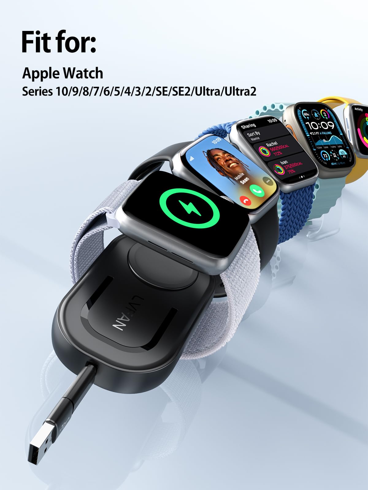 LVFAN Charger for Apple Watch Series 10 9, Fast Charging Retractable USB C & USB A iWatch Charger Cable Cord, Travel Magnetic Wireless Charger for Apple Watch Series 10 9 8 7 6 5 4 SE Ultra 2
