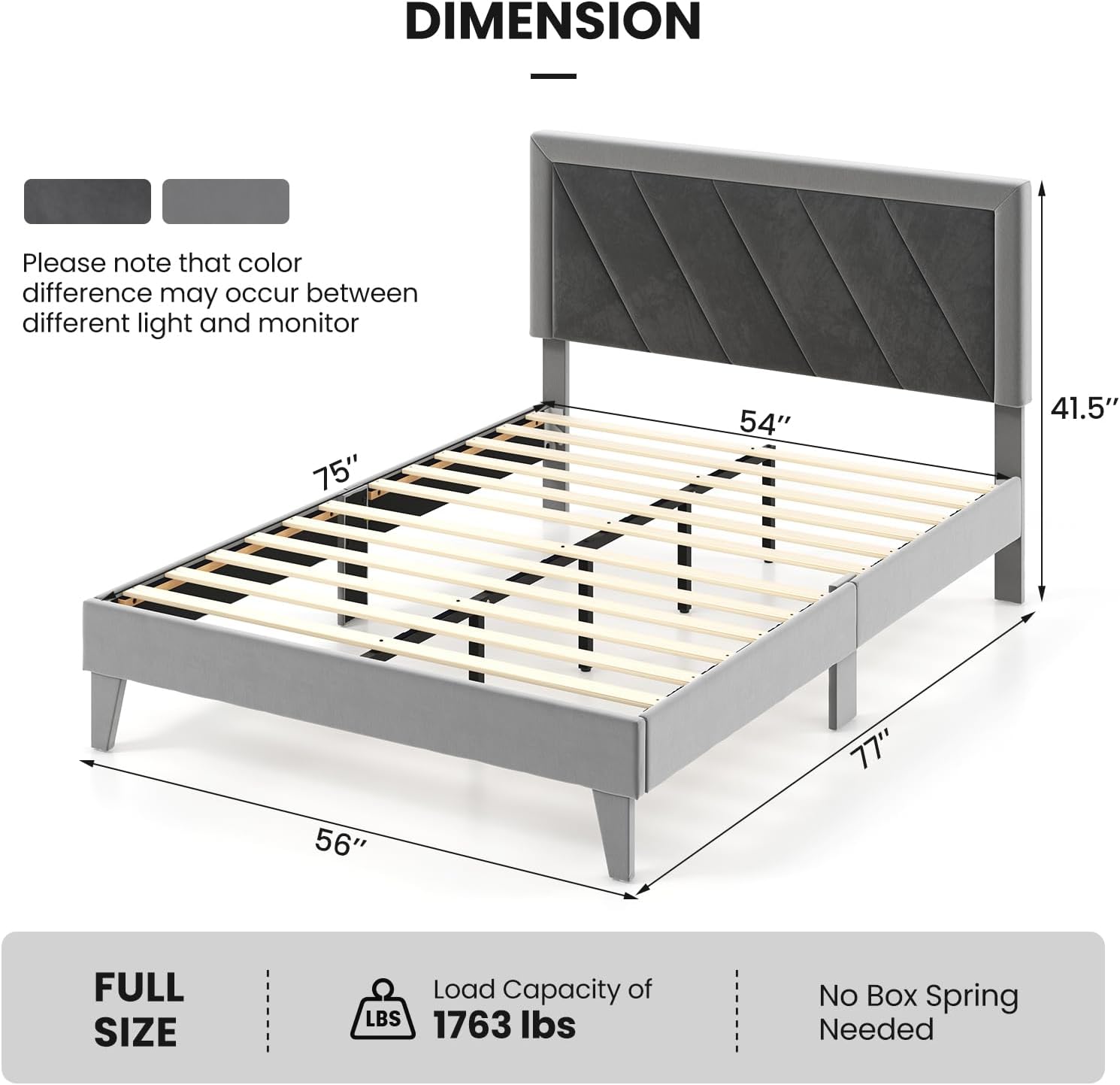 Giantex Full Size Velvet Bed Frame with Headboard, Modern Upholstered Platform Bed, Mattress Foundation with 12 Strong Wooden Slats, No Box Spring Needed, Black & Gray
