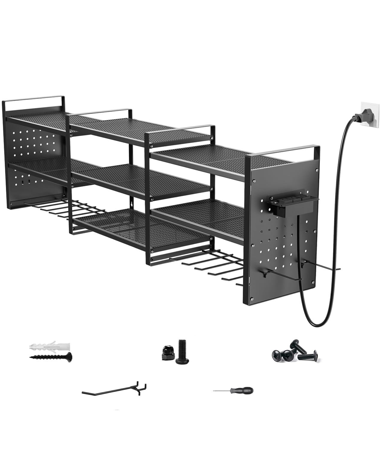 Organizador de herramientas eléctricas de montaje en pared de 48 pulgadas con estación de carga, estante de organización de garaje