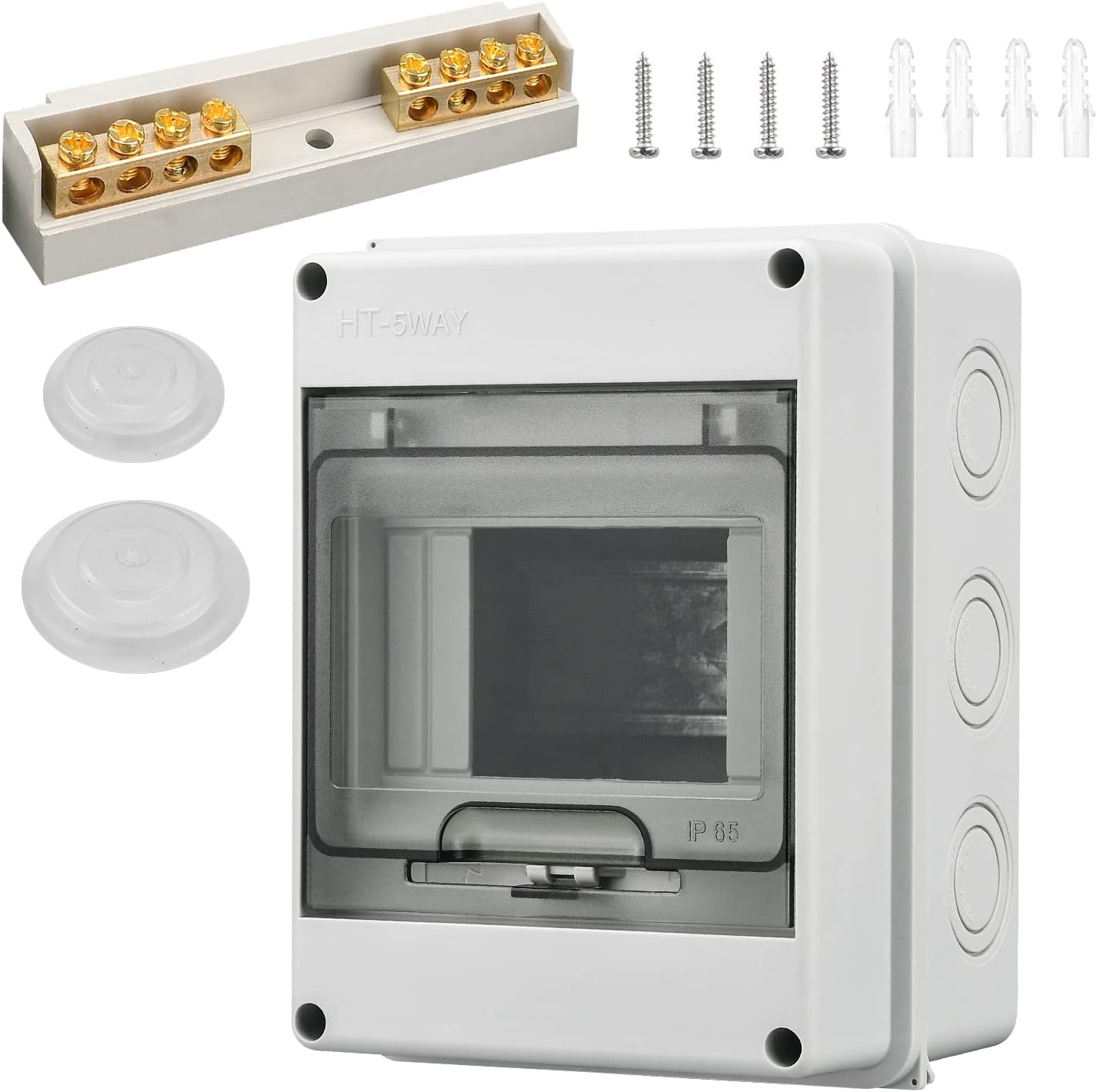 IP65 Surface-Mounted Fuse Box, 63A, 1-Row for 5 Modules, with Brass Terminals, for Garden or Outdoor Area, Villas, Shop Pillars