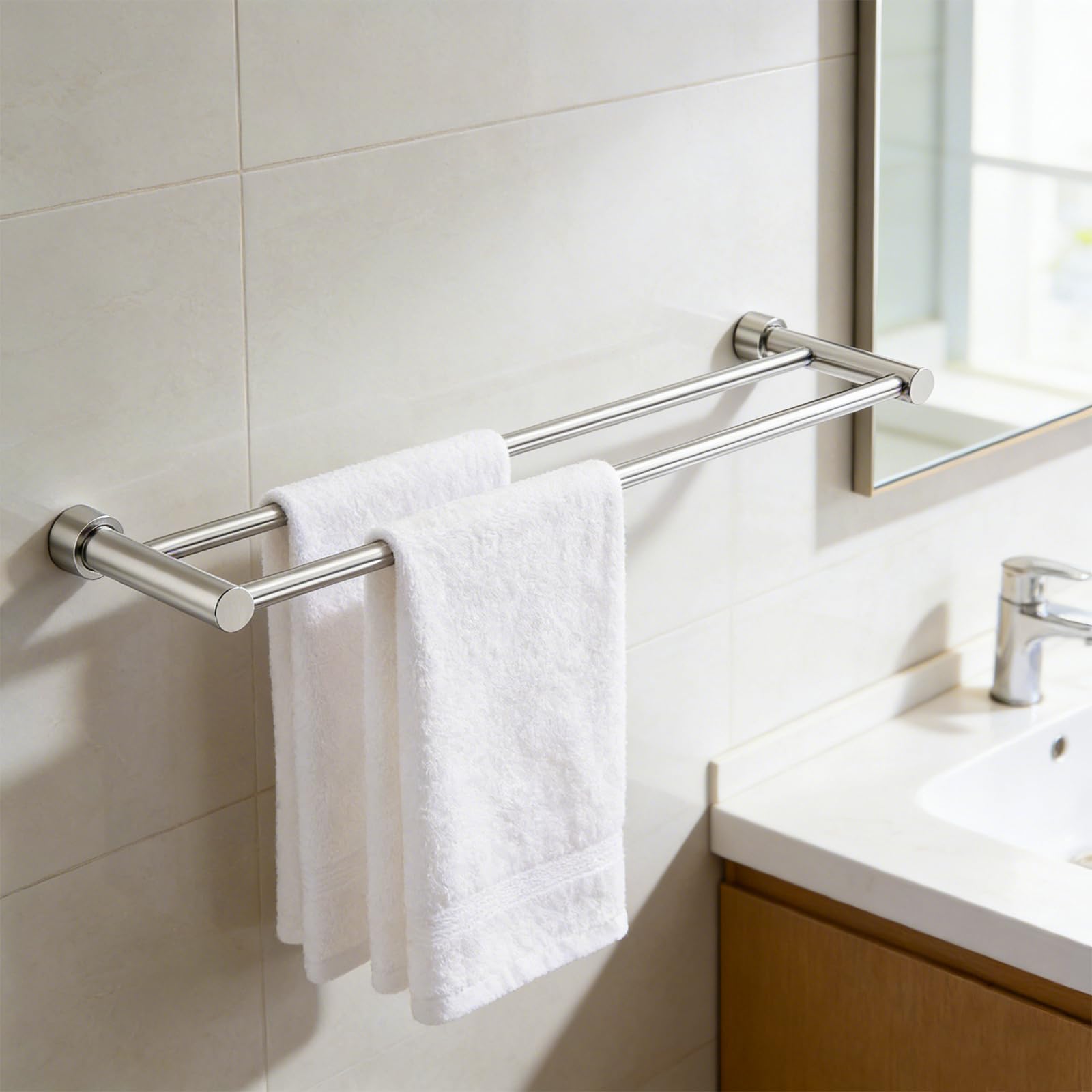 Toalleros de Baño con Taladro, Toallero de Baño Doble de Acero Inoxidable 304 Cepillado, Barra de Dos Brazos, Instalación de Taladro, Toallero para Pared de Ducha, Baño, Cocina - 80 cm, Plata