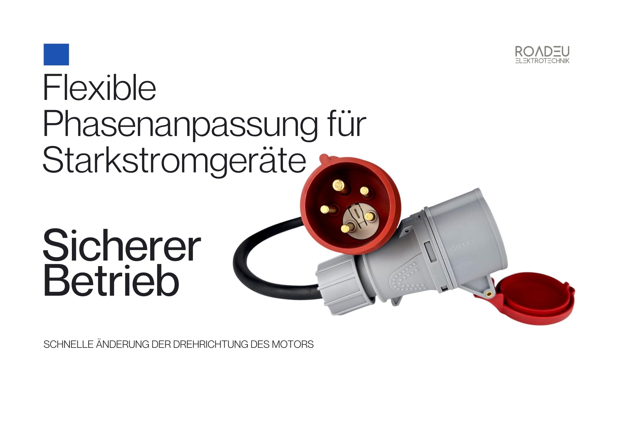 RoadEu - CEE Adapter 32A auf 32A mit Phasenwender – Starkstrom Verlängerung 32A Stecker auf Kupplung – 0,5m Gummikabel 5x4mm² – Industrie & Baustelle – IP44