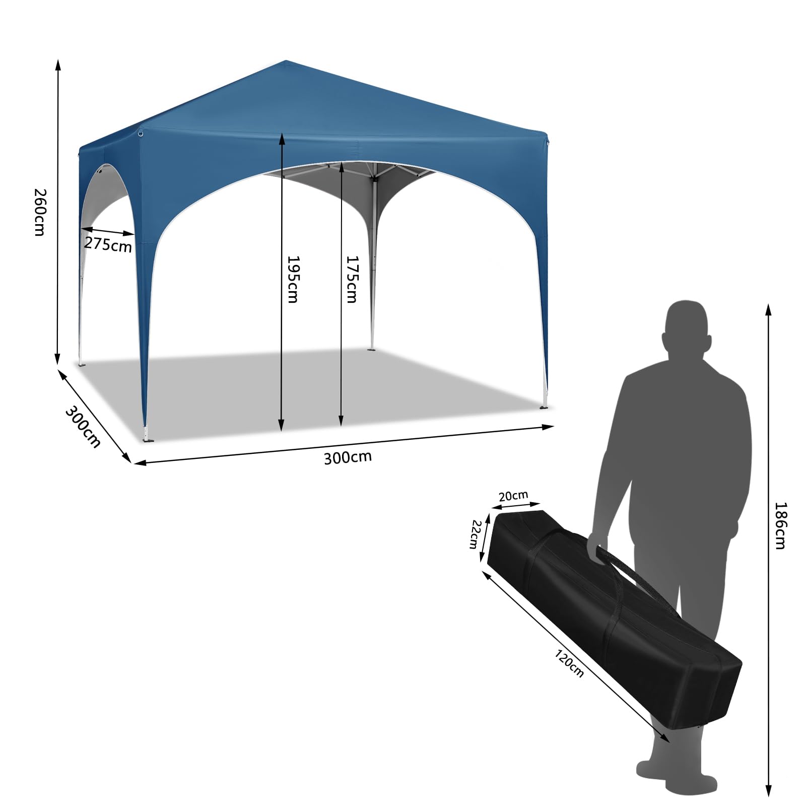 WOLTU Gazebo da Giardino Richiudibile 3x3m Gazebo Esterno in Ferro Regolabile in Altezza Tendone con Soffitto Semicircolare Pieghevole Protezione Solare, Tende per eventi Facile da Montare Blu