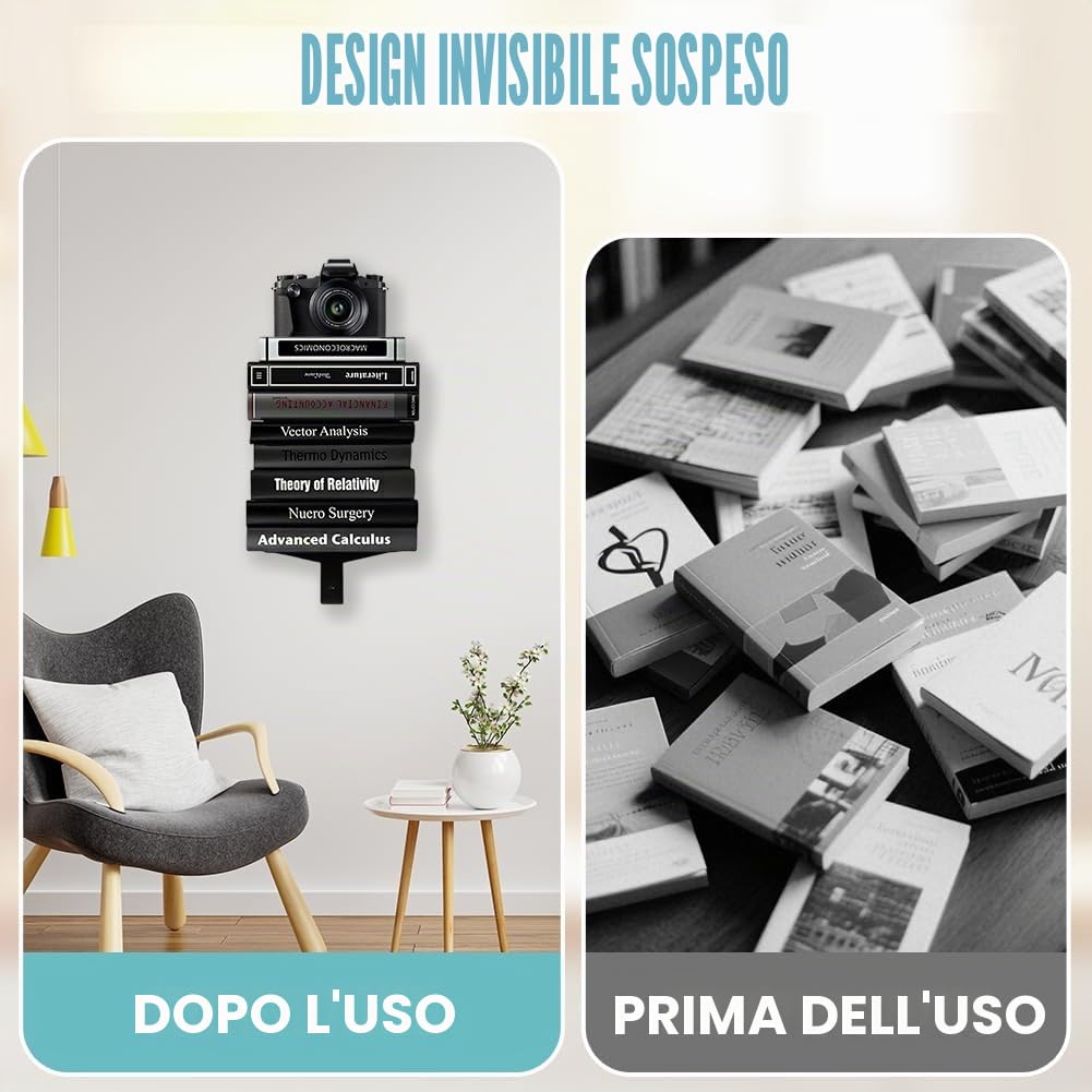 Set di 2 librerie sospese, invisibili, da parete, a 4 piani, in metallo, portata 12 kg per livello, nero