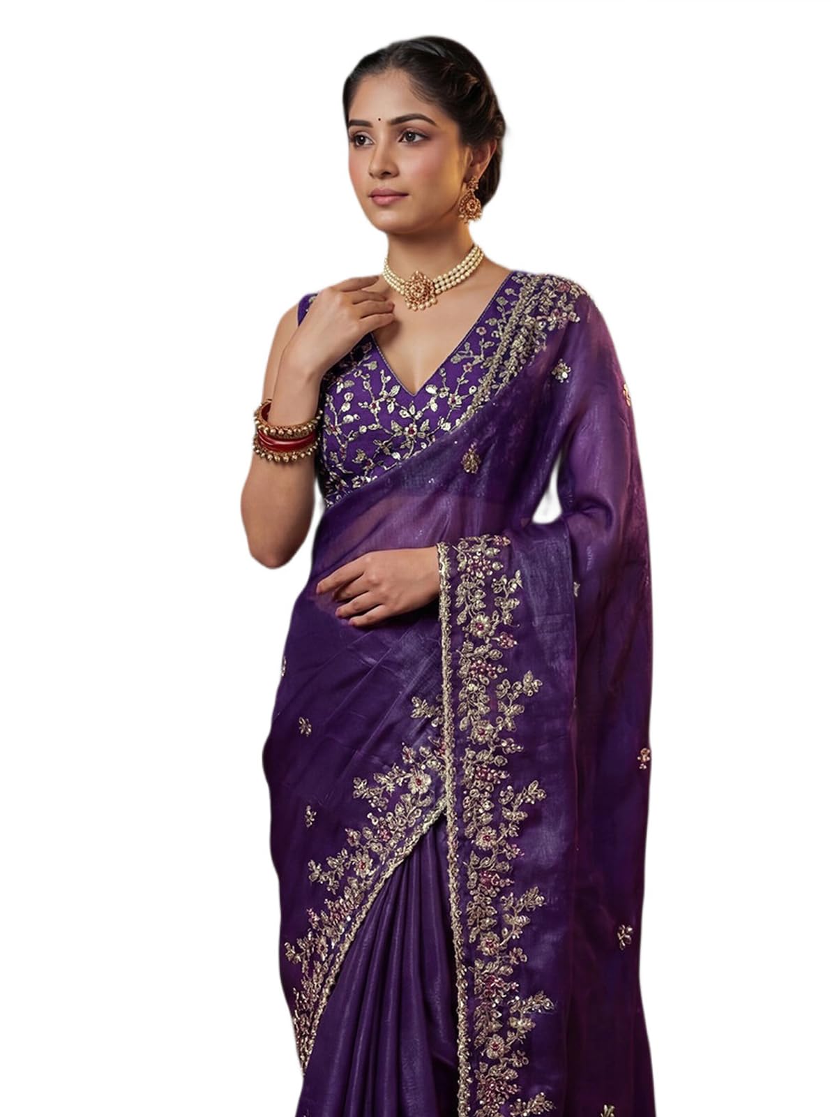 Women's Satin Tissue Scalloped Border Sequins Embroidery Saree with Unstitched Blouse Piece-image-39