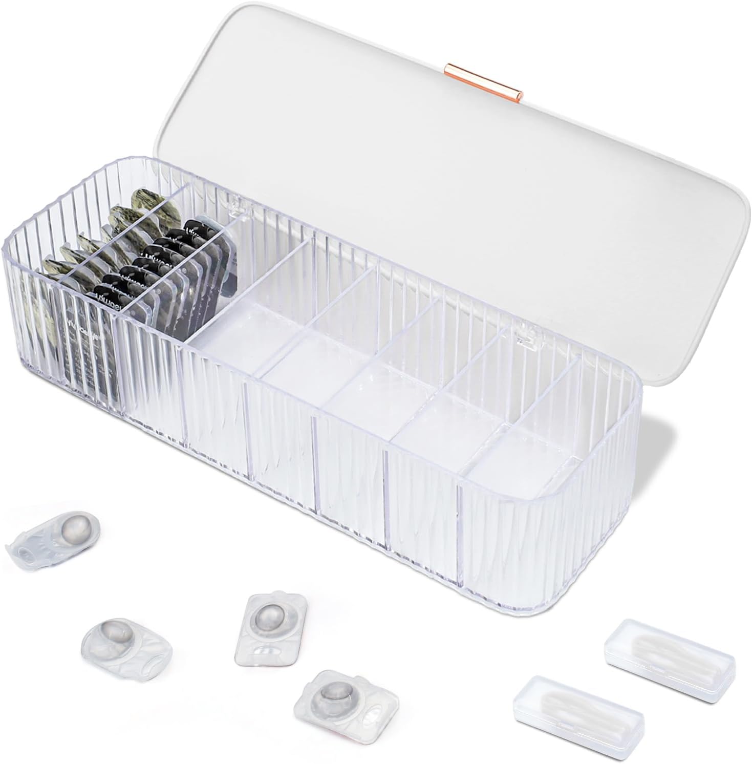 Daily Contact Lens Organizer with 2 Remover & 2 Tweezers, Disposable Contact Lens Storage with Lid & 8 Grids, Clear Contact Lens Dispenser Case Box for Desk Home Office Art Supply, White,