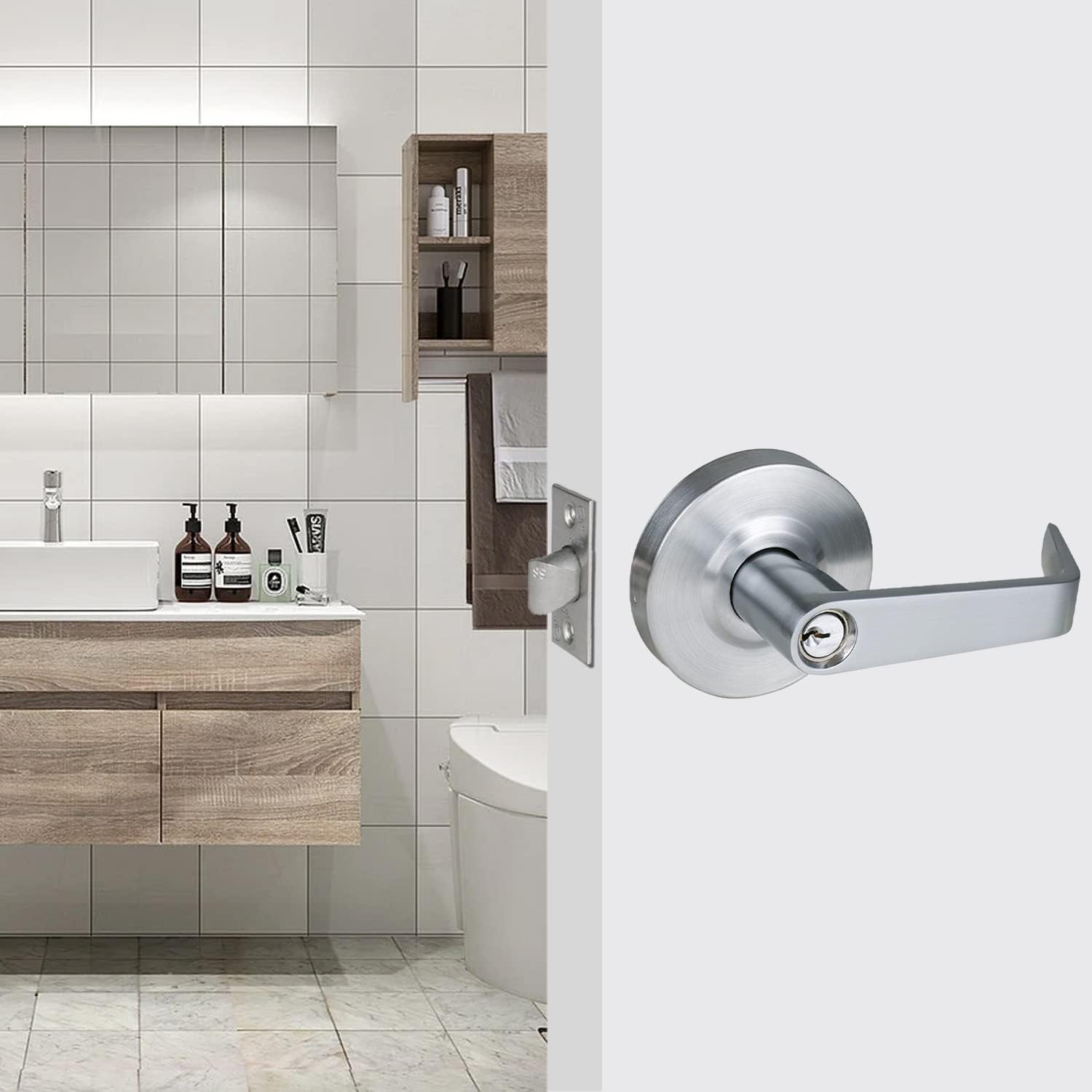 Heavy Duty Commercial Grade 2 Keyed Entry Door Lever, Satin Chrome Finished ADA Commercial Handle, UL 3 Hour Fire Rated Ergonomic Lever for Exterior Door and Front Door, 70mm Latch