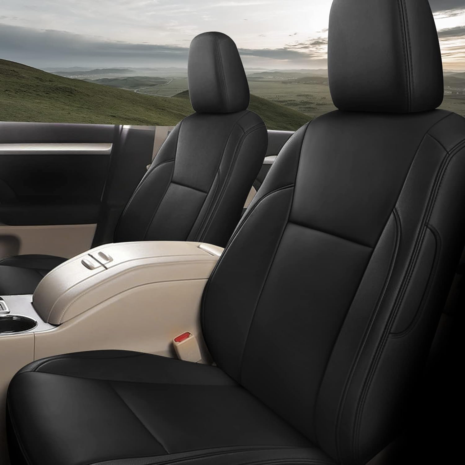 AOMSAZTO Custom Fit Highlander Seat Covers for Toyota Highlander 2014 2015 2016 2017 2018 2019-Three-Row 8 Seats,Second Row 40/60 Split,Faux Leather-Black