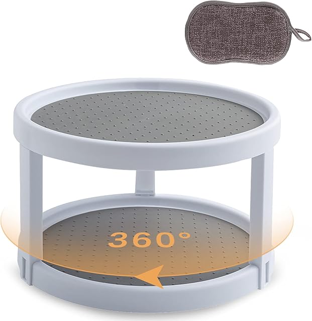 Spice Racks for Inside Cupboard,Lazy Susan Turntable 2 Tier 360°Rotating Spice Rack with Cleaning Sponge,10 Inch Anti-slip Plastic Organiser Tray 2 in 1 for Kitchen,Refrigerator,Desk and Bathroom2