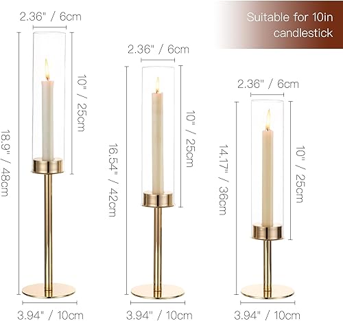 Miniatura 4 de Candelabro dorado de huracán candelabros cónicos para mesa de cristal de boda, centro de mesa para mesas de comedor, juego de 3 candelabros altos