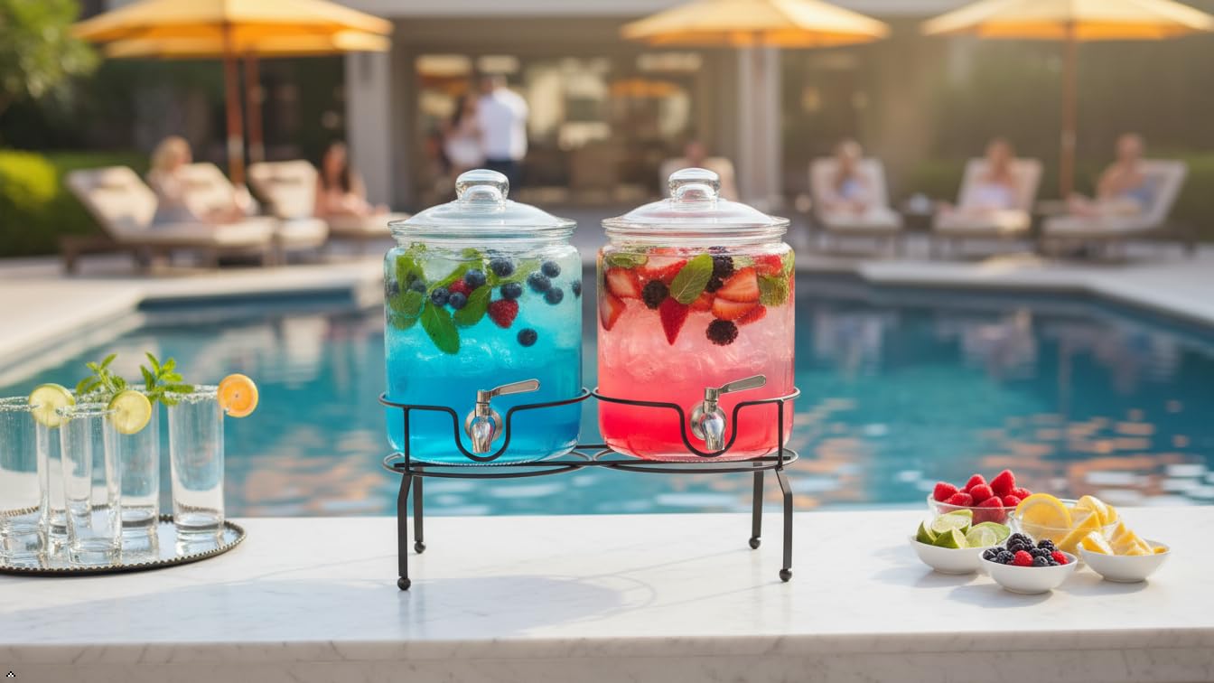 Dispensador de bebidas de doble vidrio con soporte, dispensador grande de bebidas, jugo y agua de 1 galón para fiestas con boquilla, grifo de acero inoxidable y hermético