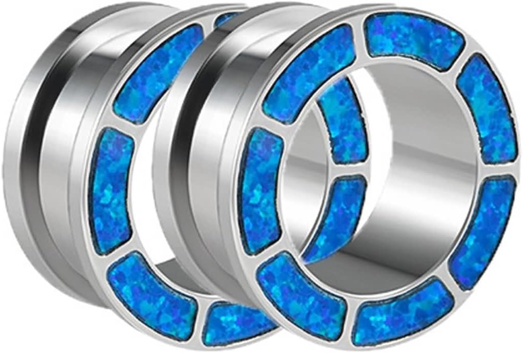 2 Pieces Piercing Jewelry, Stainless Steel Gauge Earrings 00G(10mm), Hollow Round with Opal Ear Tunnels and Plugs Kit Silver Blue