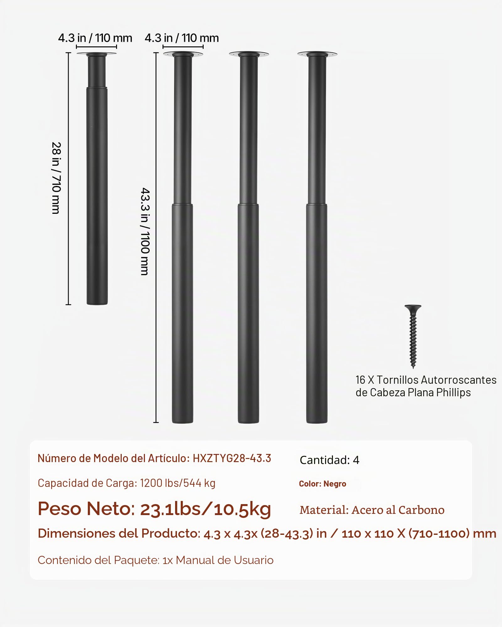 VEVOR Patas Regulables de Mesa de Acero al Carbono, Altura Ajustable 710-1100 mm, Negro, Capacidad Máxima 544 kg, Juego de 4 Patas con Kit de Herrajes para Escritorio, Mesa de Bar, Banco de Trabajo