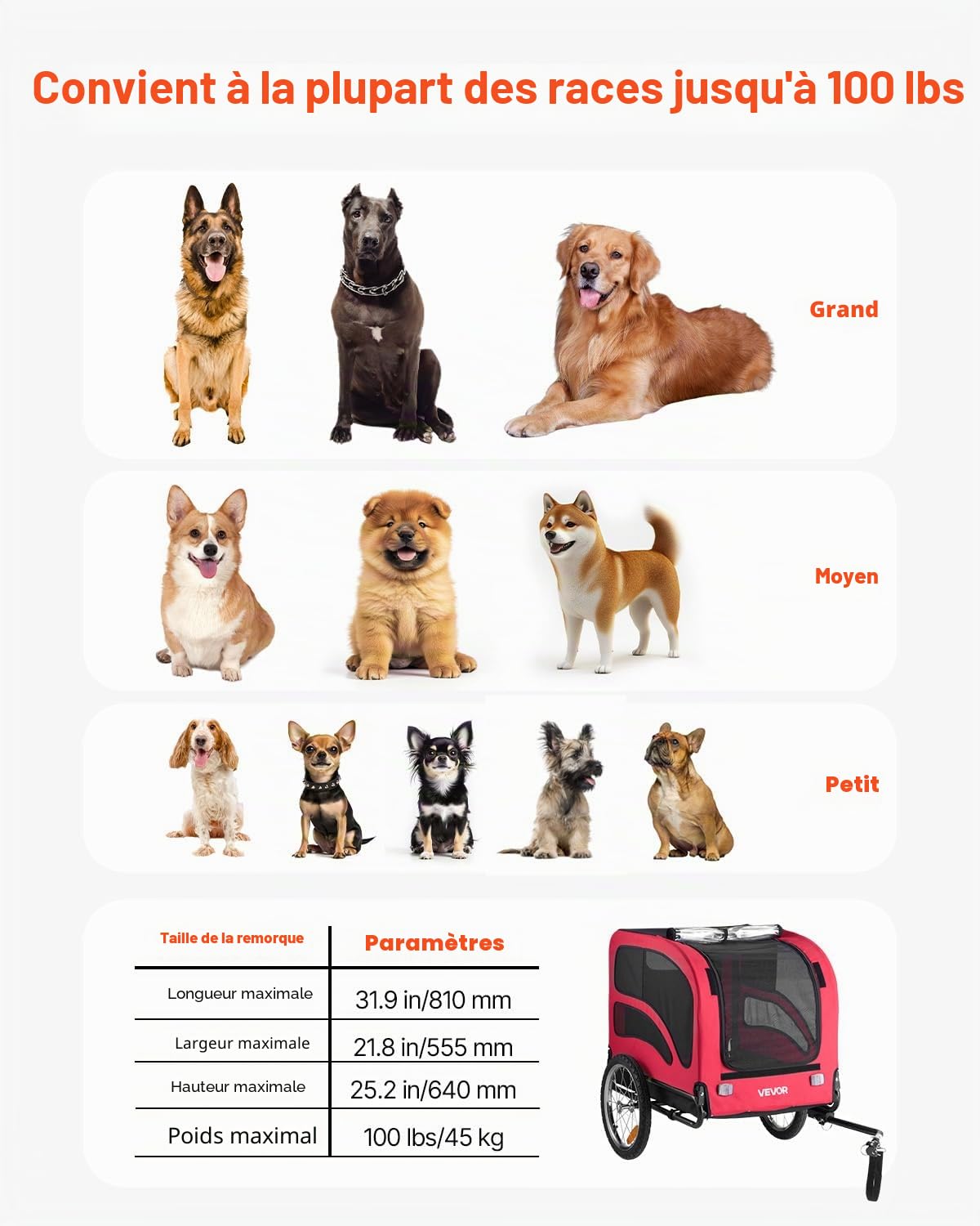 VEVOR Remorque de Vélo Chien Pliable Charge 45 kg Porte Animaux de Compagnie de Vélo Cadre Facile à Plier avec Roues à Dégagement Rapide, Coupleur de Vélo Universel,Réflecteurs, Drapeau