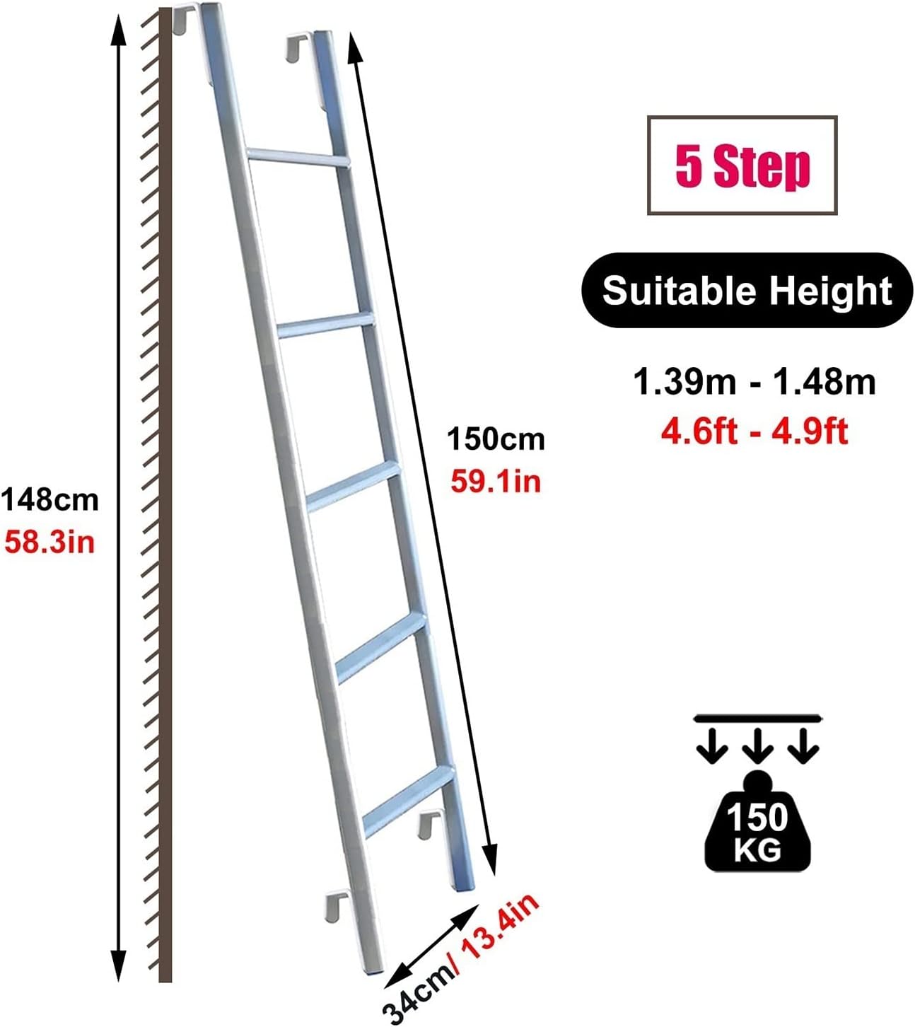 Bunk Bed Ladder Hook-on Twin Bed Bunk Ladder, Universal Heavy Duty Step Ladder - 4 Steps/ 5 Steps, Loft Home Attic Stairs Rv Bunk Ladder, Load 330Lbs (Size : 150cm/59) (150cm/59)