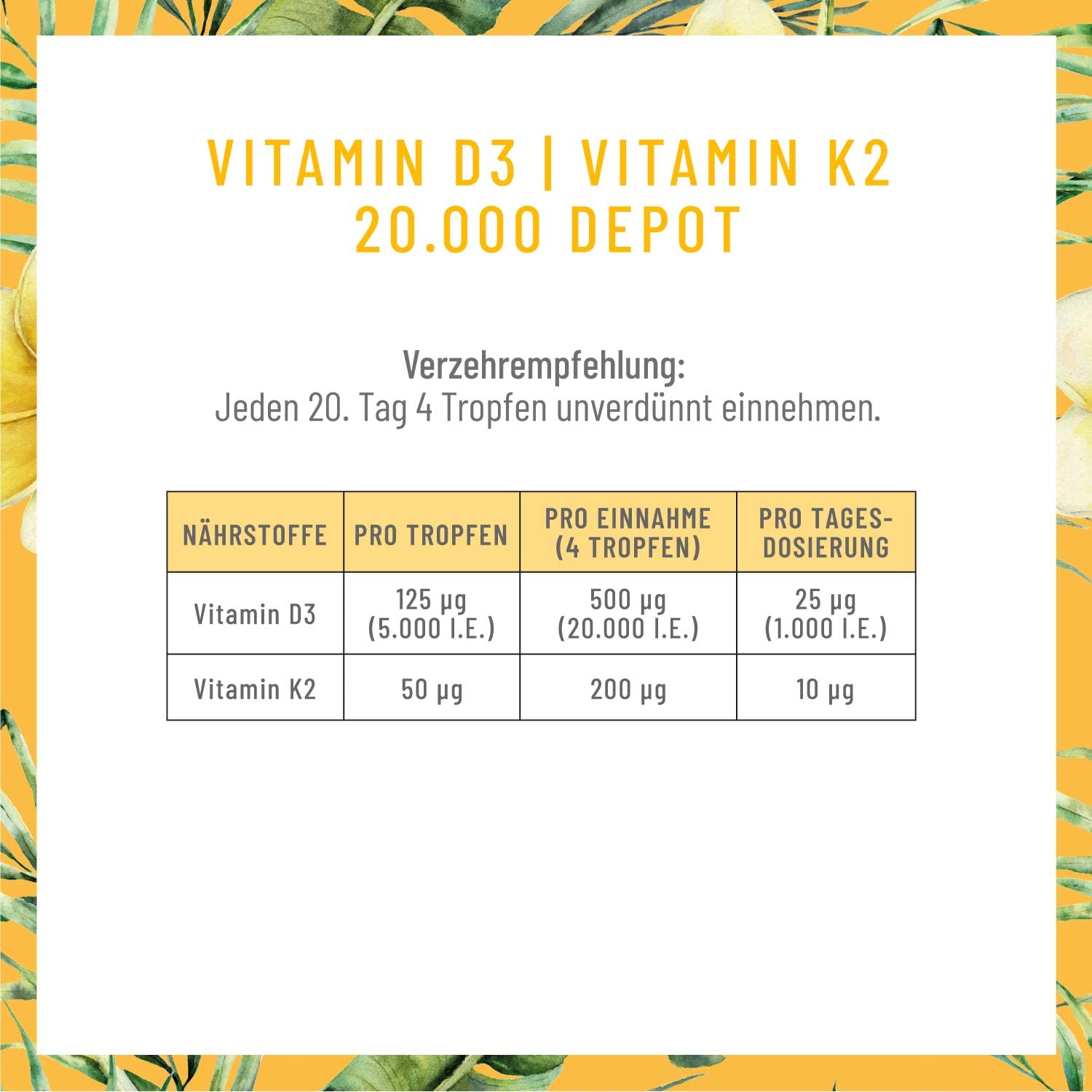 NATURTREU® Vitamin D3 K2 Tropfen hochdosiert & vegan - 20.000 I.E Vitamin D3 + K2 MK7 200 mcg pro Dosis (Depot)