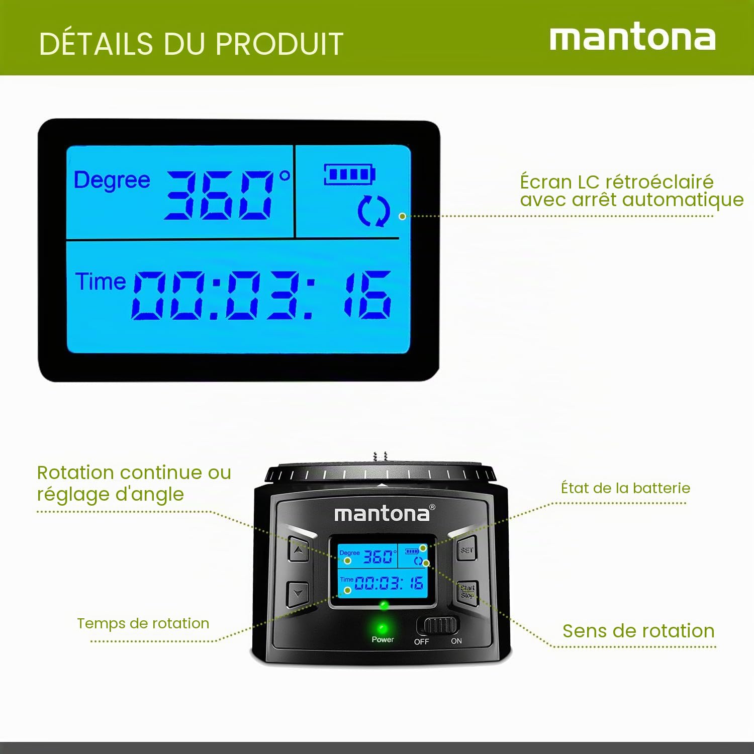 Mantona Turnaround 360 Advanced 3 Tête de trépied panoramique électrique rotative 360° programmable Timelapse Smartphone Action Cam GoPro