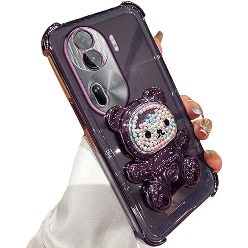 Silicone Case Compatible with Oppo Reno 11 Pro Case, with 3D Flowing Bead Bear Hidden Stand Luxury Electroplated for Women Man Soft Shockproof Protective Shell for Oppo Reno 11 Pro Cover (B)