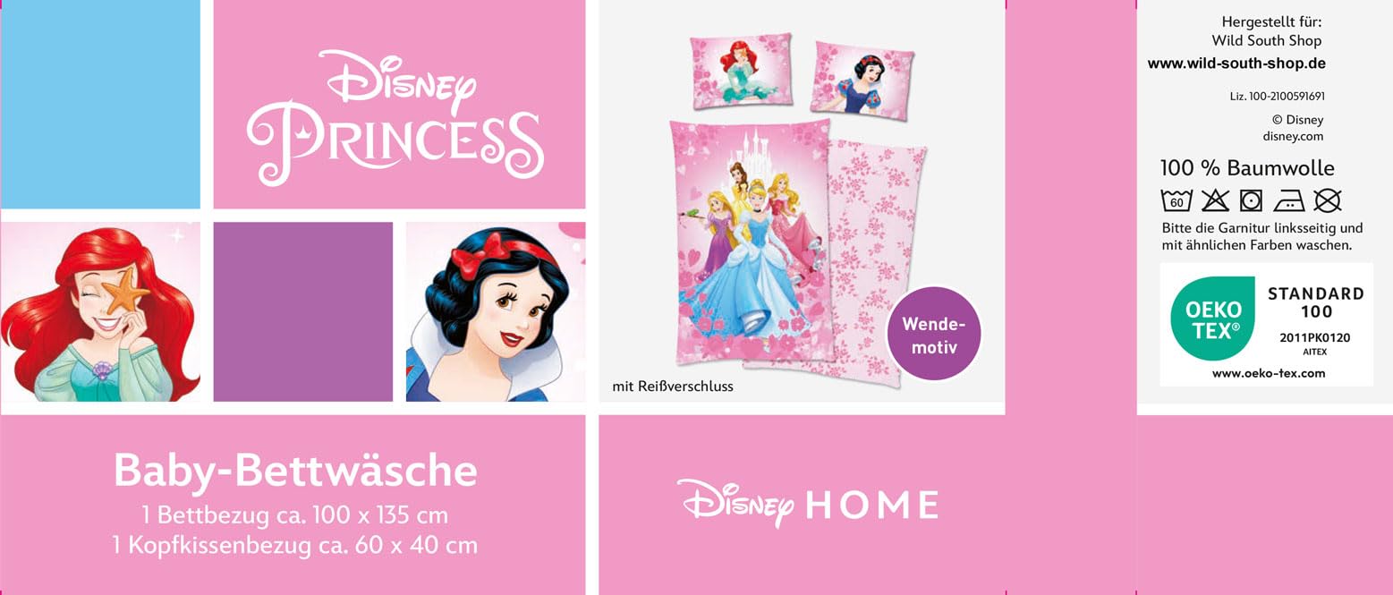 Disney Princess Prinzessin Arielle Cinderella Rapunzel Belle Aurora Bettwäsche, 40x60 + 100x135 cm, 100% Baumwolle mit Reißverschluss