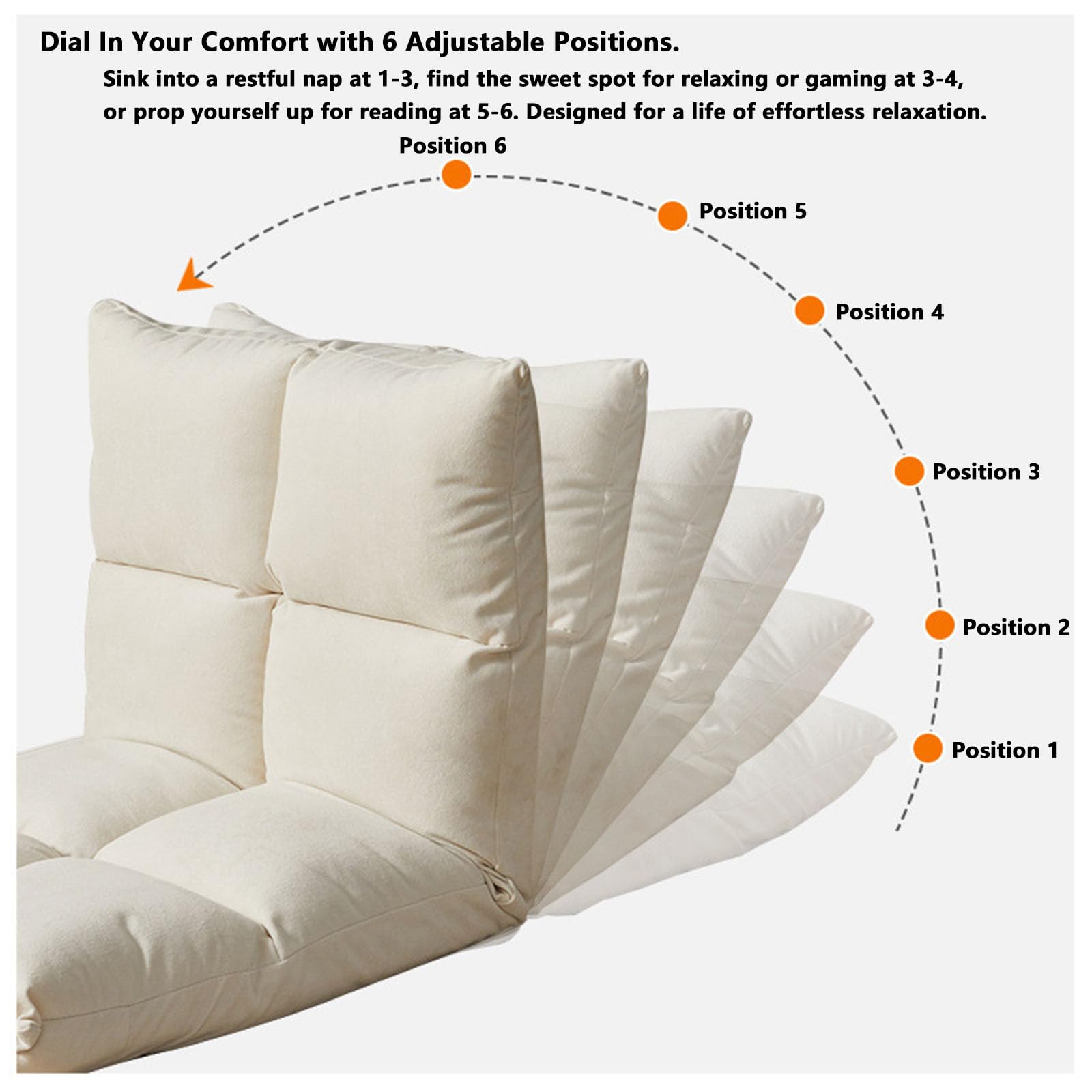 Großes, faltbares Bodenlounger-Sofa, 6-Fach verstellbare Rückenlehne, Abnehmbarer, waschbarer Bezug, Klapp-Sofa für Wohnzimmer, Tatami, Fe(Color:Teddyplüschstoff in gebrochenem Weiß)