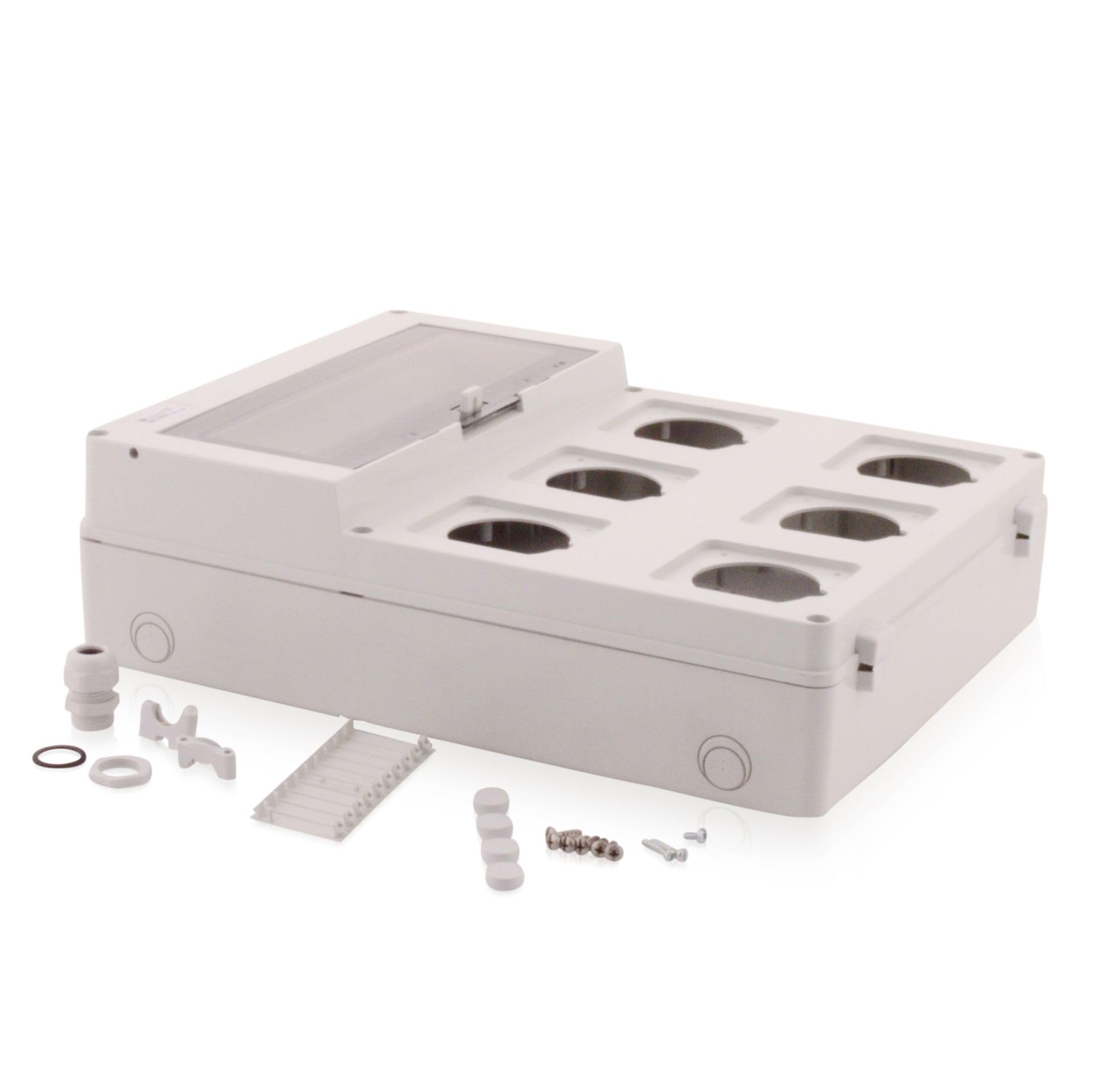 Intratec Baustromverteiler Aufputz Installationsgehäuse IP65, 440x340mm, 6 CEE Steckverbindungen, Wasserdichtes Gehäuse, UV-beständig, Außeneinsatz