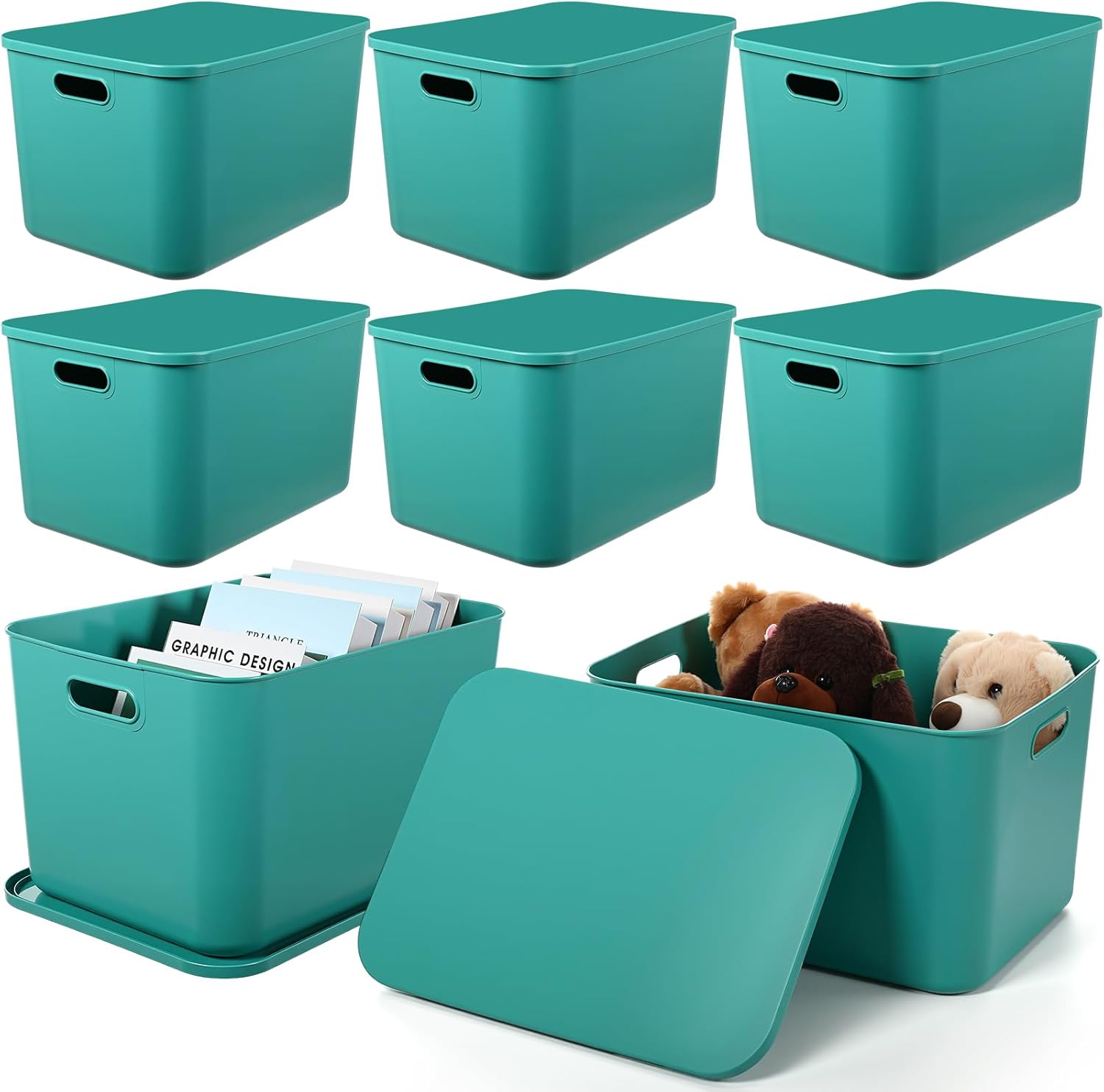 Hoolerry 8 Pieces Colorful Storage Bins with Lid, Plastic Storage Basket Organizing Container Stackable Box with Handle for Shelves Desktop Playroom Office(16.1 x 12.0 x 9.7 Inch,Green)