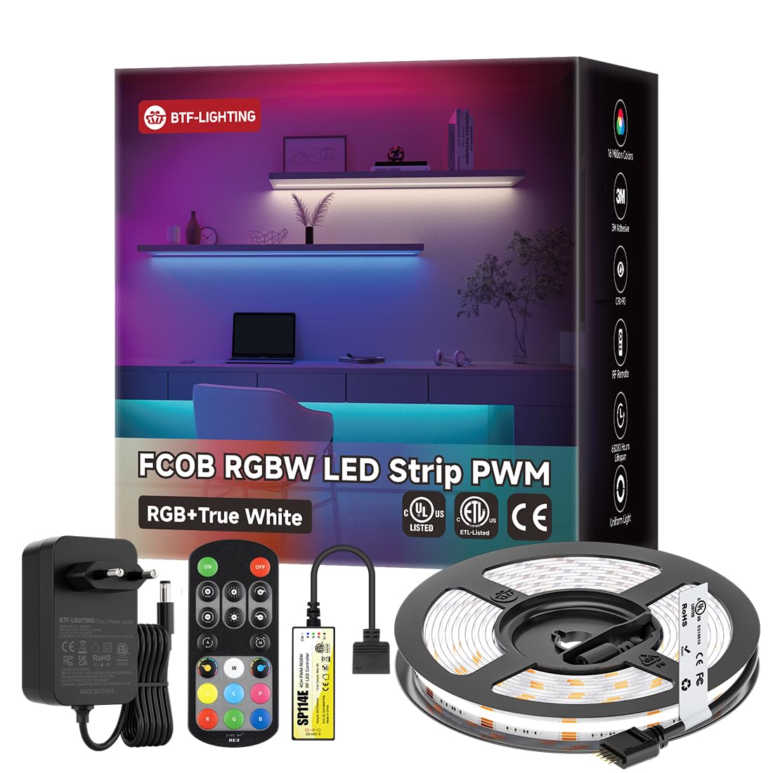 BTF-LIGHTING FCOB COB RGBW, set completo di strisce LED RGB + bianco neutro 4000 K, cambio di colore, 24 V, 5 m, 896 LED/m, ad alta densità, flessibile, con controller RF e alimentatore di rete, per