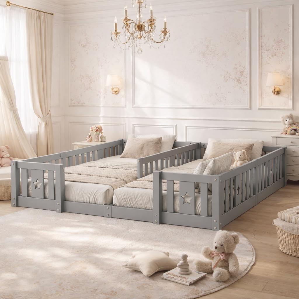Letto Montessori Doppio 2x90x200 in Legno Massello, Letto Bambini con Sponde di Sicurezza, Letto a Terra per Cameretta, Letto Bambini Montessori, senza Rete a Doghe, Grigio