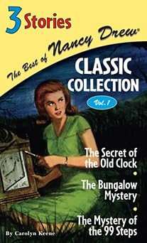 The cover for Volume 1 of the Nancy Drew Classic Collection features classic cover art of Nancy Drew in a green dress using a screwdriver to open the glass front plate of a grandfather clock. She is sitting in the dark, in the grass.