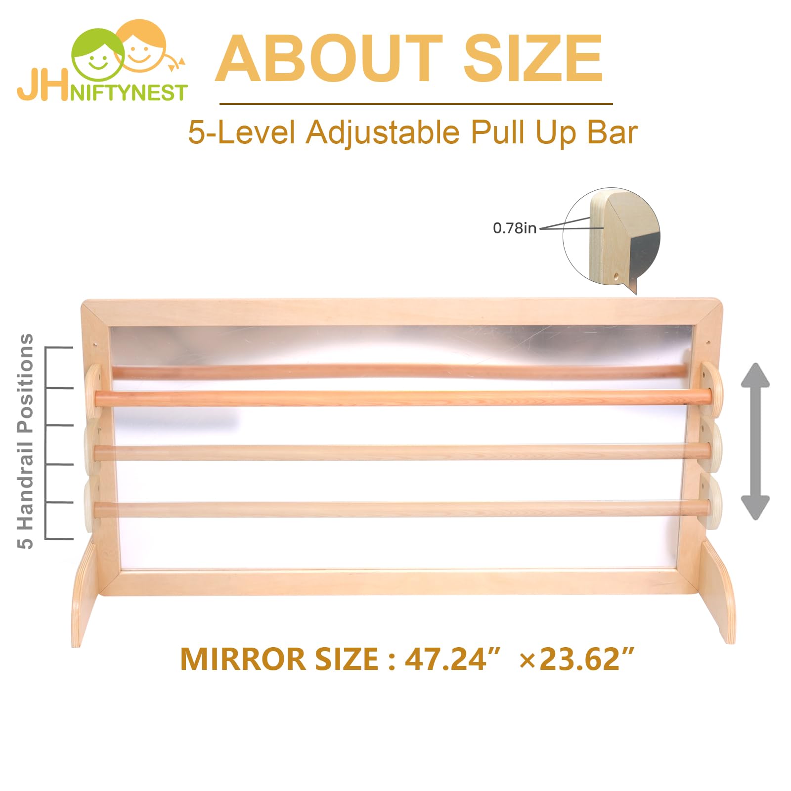 JHNIFTYNEST Infant Coordination Mirror Montessori Safety Pull up Bar Baby Mirror Acrylic Non-Glass Early Learning to Walk Mirror Upgrade Dual-Use with Base 47.24”