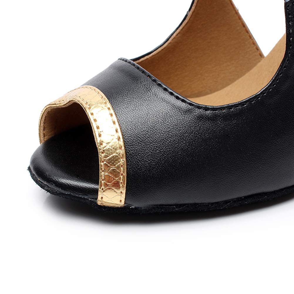JUODVMP Buty do tańca latynoskiego szerokie dopasowanie damskie skórzana podeszwa blok obcas nowoczesne buty do tańca wesele model QJW-6131