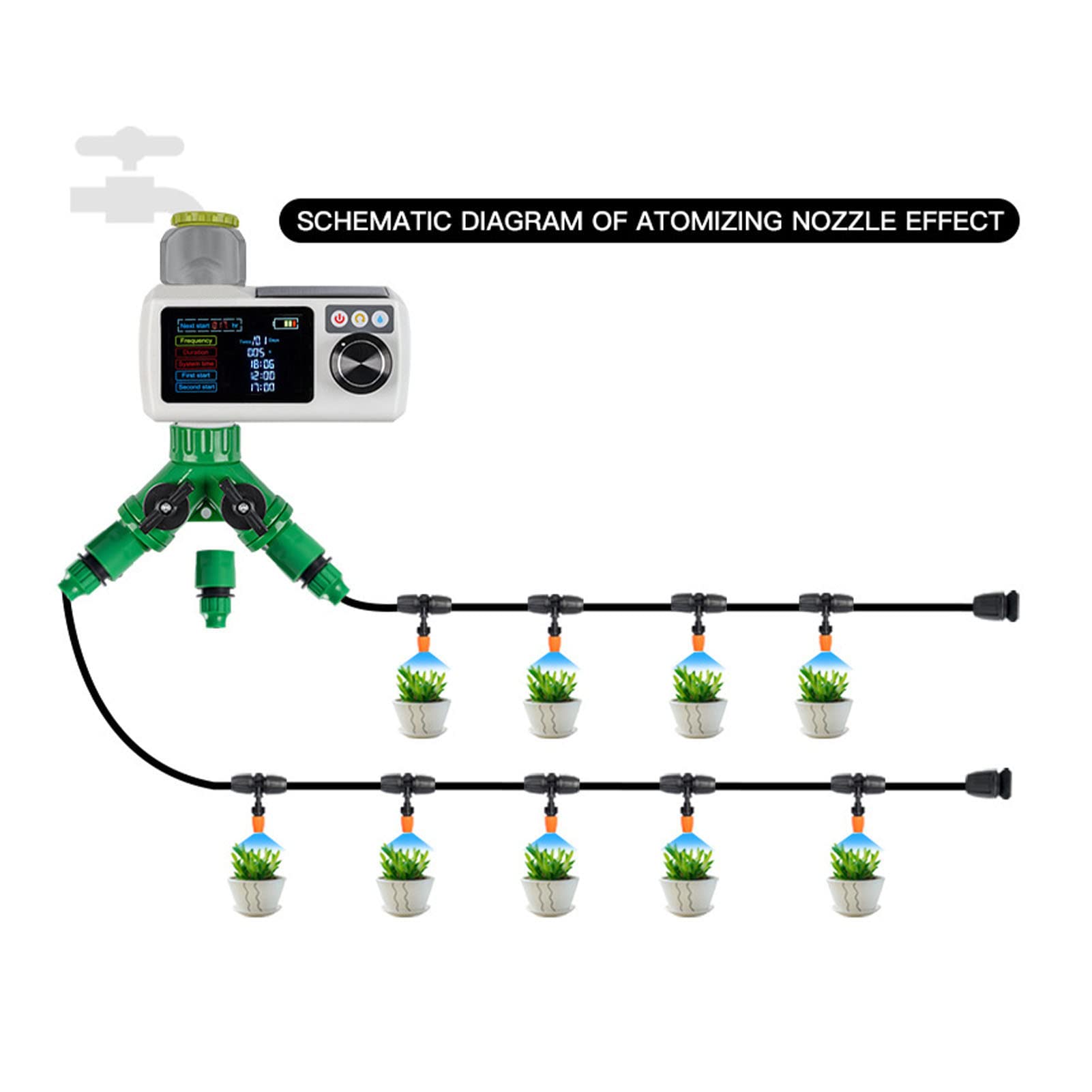 Solarny zegar nawadniania, cyfrowy zegar nawadniania z wykrywaniem deszczu Podwójne złącze IP68 Automatyczny system nawadniania do trawnika Ogród Dziedziniec Szklarnia
