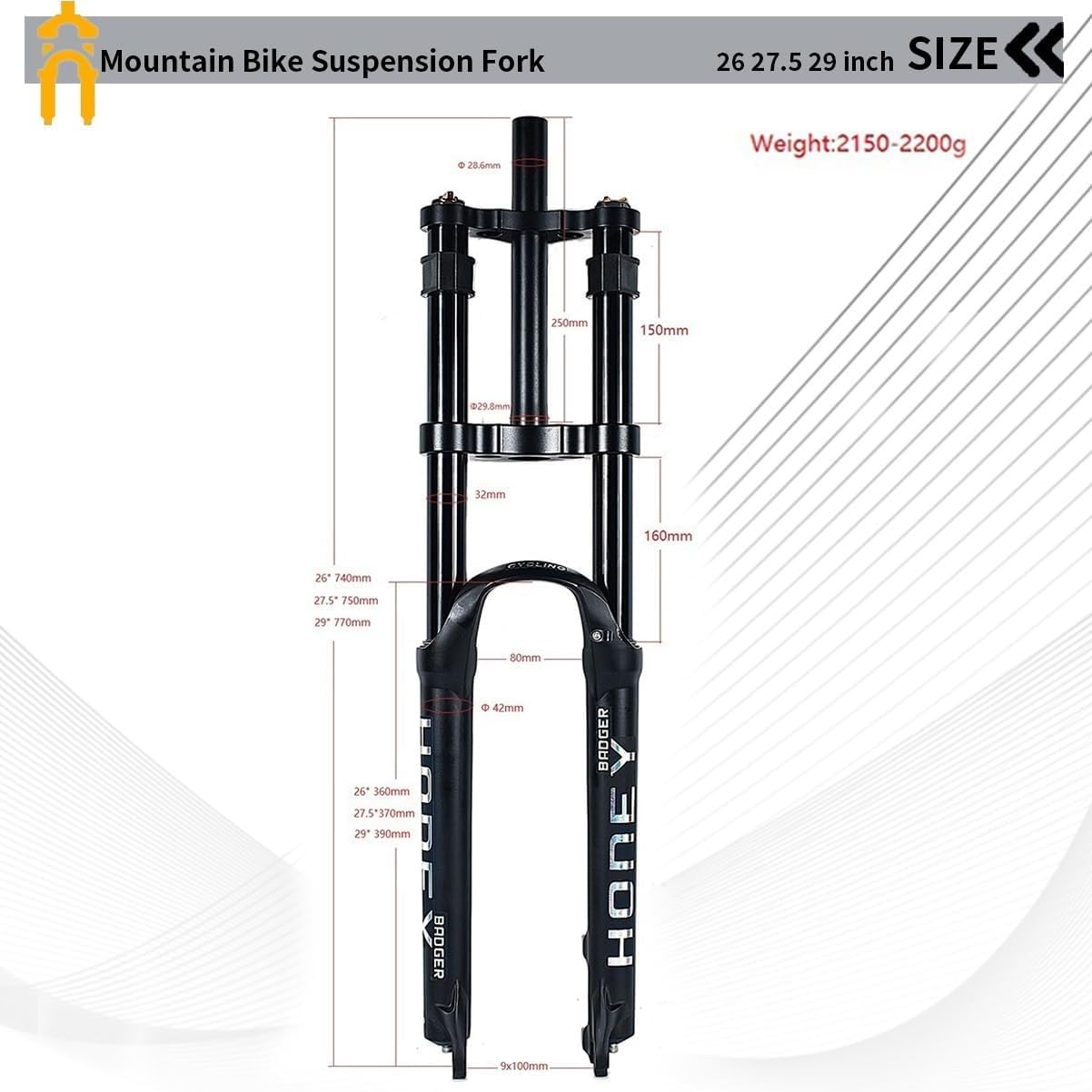 26/27,5/29" Downhill-Mountainbike-Luftfedergabel, 1 1/8" gerades Rohr, Doppelschulter-Federgabel, 140 mm Federweg, Schnellspanner 9x100 mm A,27.5in