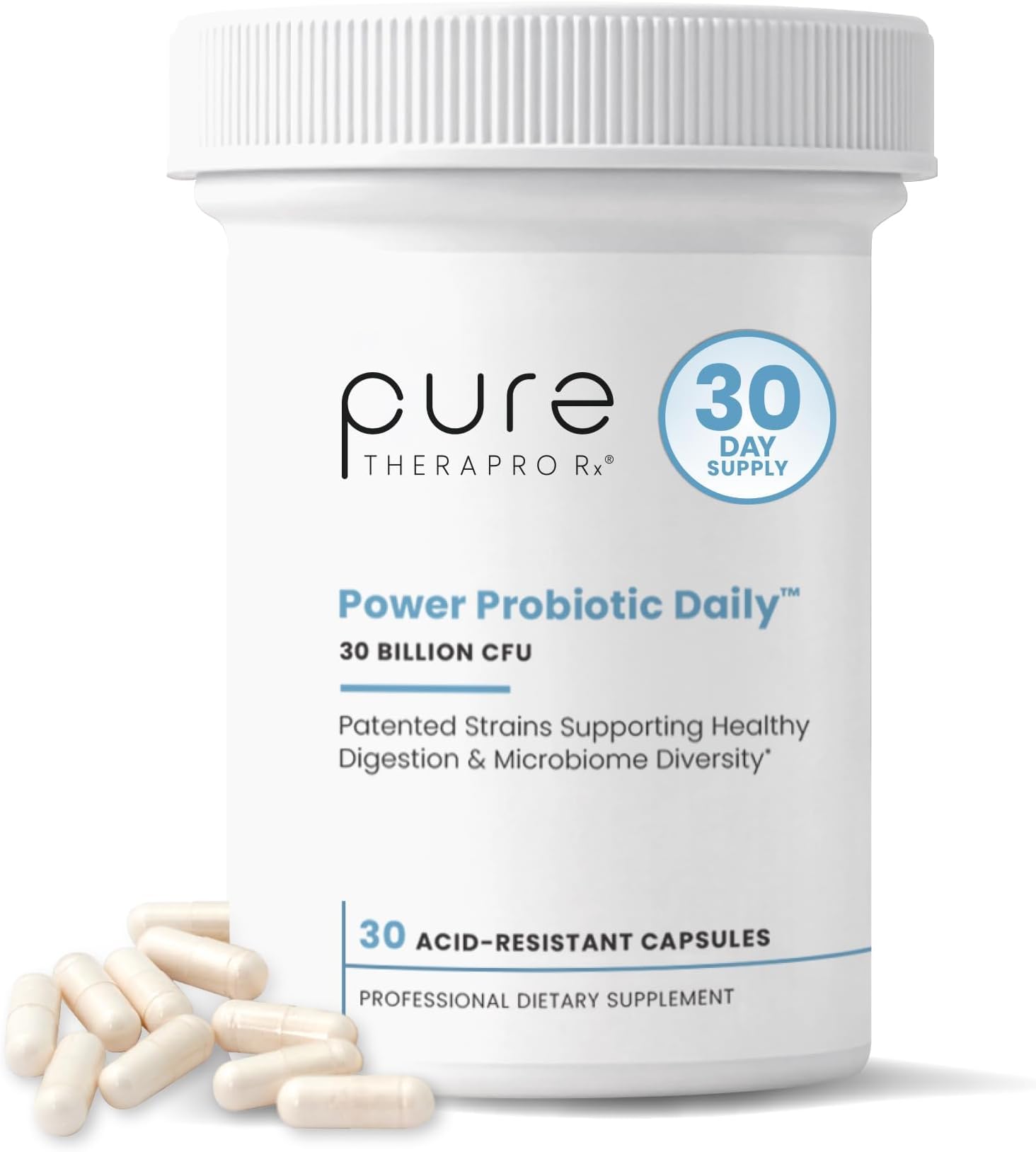 Pure Therapro Rx Power Probiotic Daily - 30 Acid-Resistant Capsules | 4 Proven Strains - 30 Billion CFU/Capsule | Patented Activ-Vial Desiccant Bottle to Ensure Freshness | NO Refrigeration Required