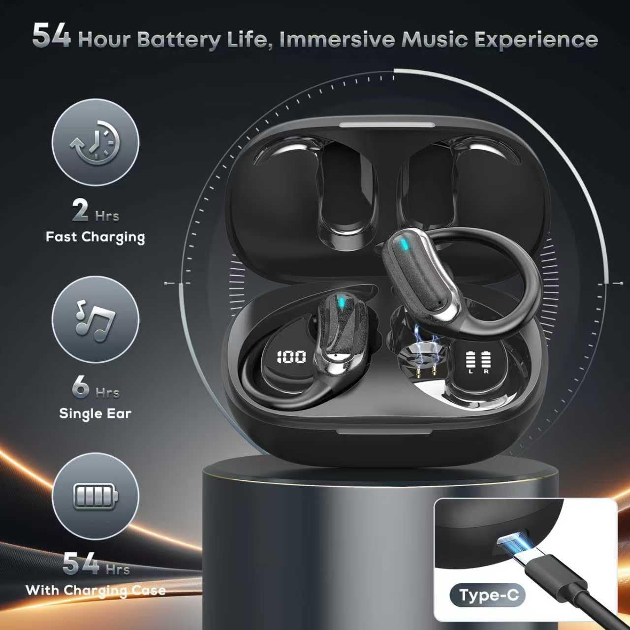 TRAUSI Auriculares inalámbricos Bluetooth, Bluetooth 5.3 estéreo, auriculares de diadema con cancelación de ruido, IPX7 resistentes al agua para entrenamiento/correr, color negro brillante
