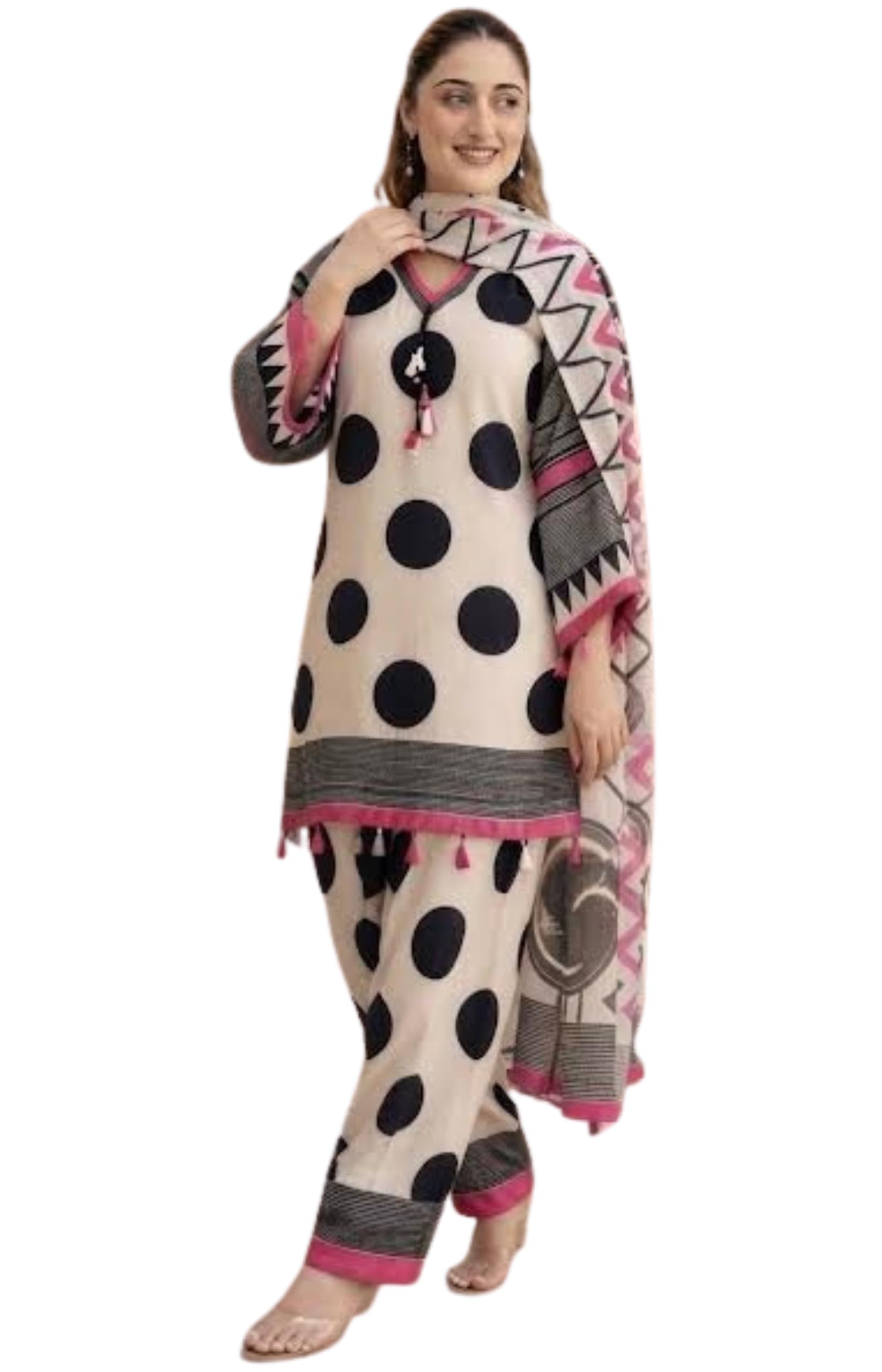Women’s Cotton Polka Dot Kurta Pant Dupatta Set Beige Black Polka Dots Straight Kurta with Matching Pants & Geometric Print Dupatta-image-45