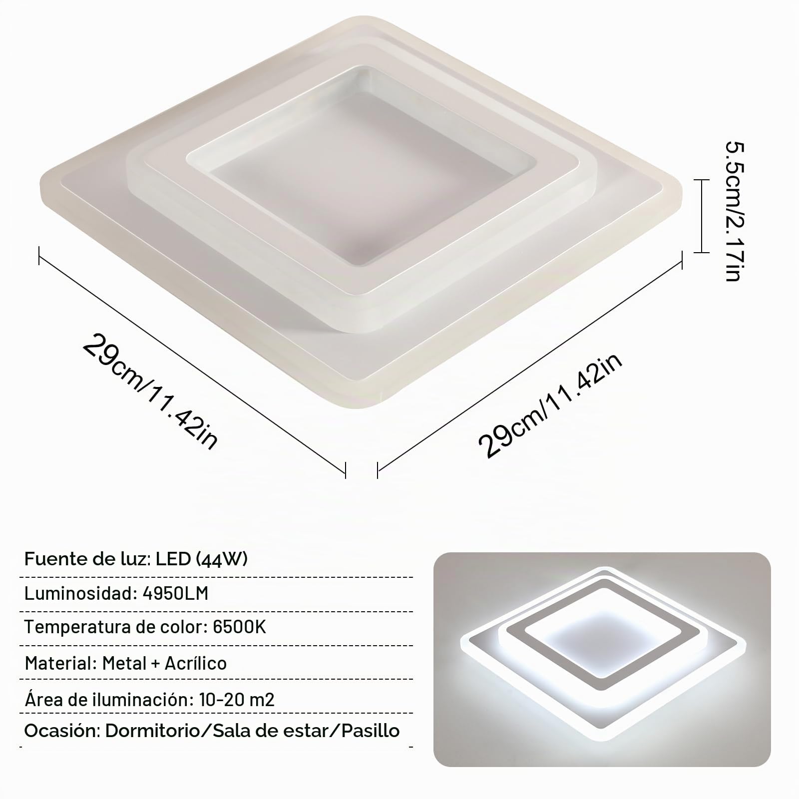 Comely Plafon LED Techo, 44W 4950LM Lámpara de Techo LED Moderna 6500K | Sencilla Cuadrada Blanco Luz de Techo de Acrílico Para Dormitorio Salon Comedor Cocina Pasillo, 30CM