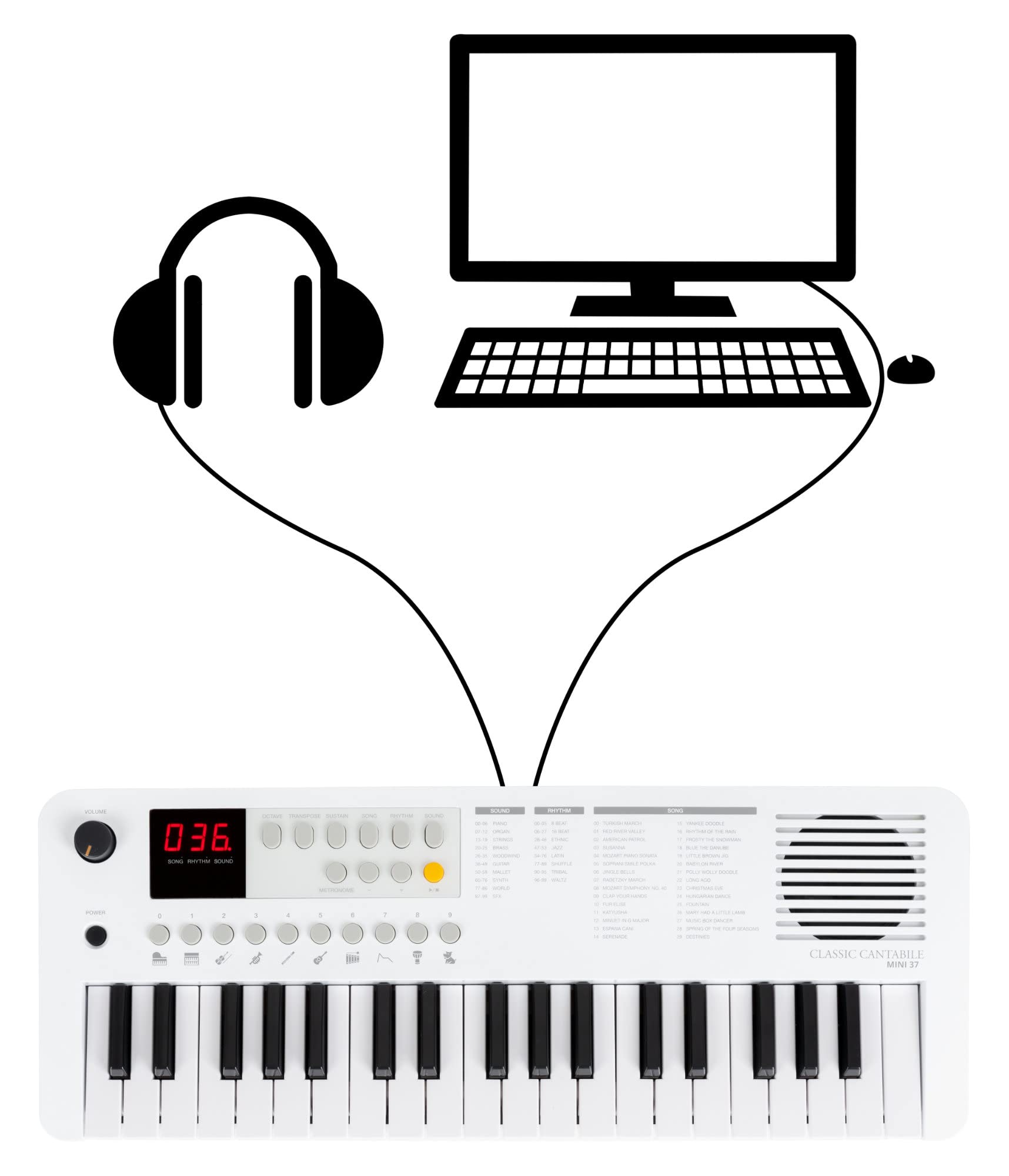Classic Cantabile MINI-37 Clavier blanc-gris, 37 mini-touches, 100 rythmes | 100 sons (répartis en 10 groupes), 30 chansons (la voix mélodique peut être coupée), Polyphonie 32 notes, Bouton de volume
