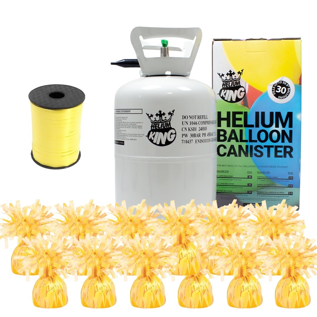 Small Helium Canister with Curling Ribbon and 12 Yellow Foil Balloon Weights