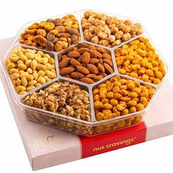 NUT CRAVINGS Mixed Nuts Gift Basket, Red Gold Box, 7 Assortments, 1 LB | Kosher mixed nuts in a red and gold gift box with 7 assortments, 1 lb total, ideal for gifting and entertaining.