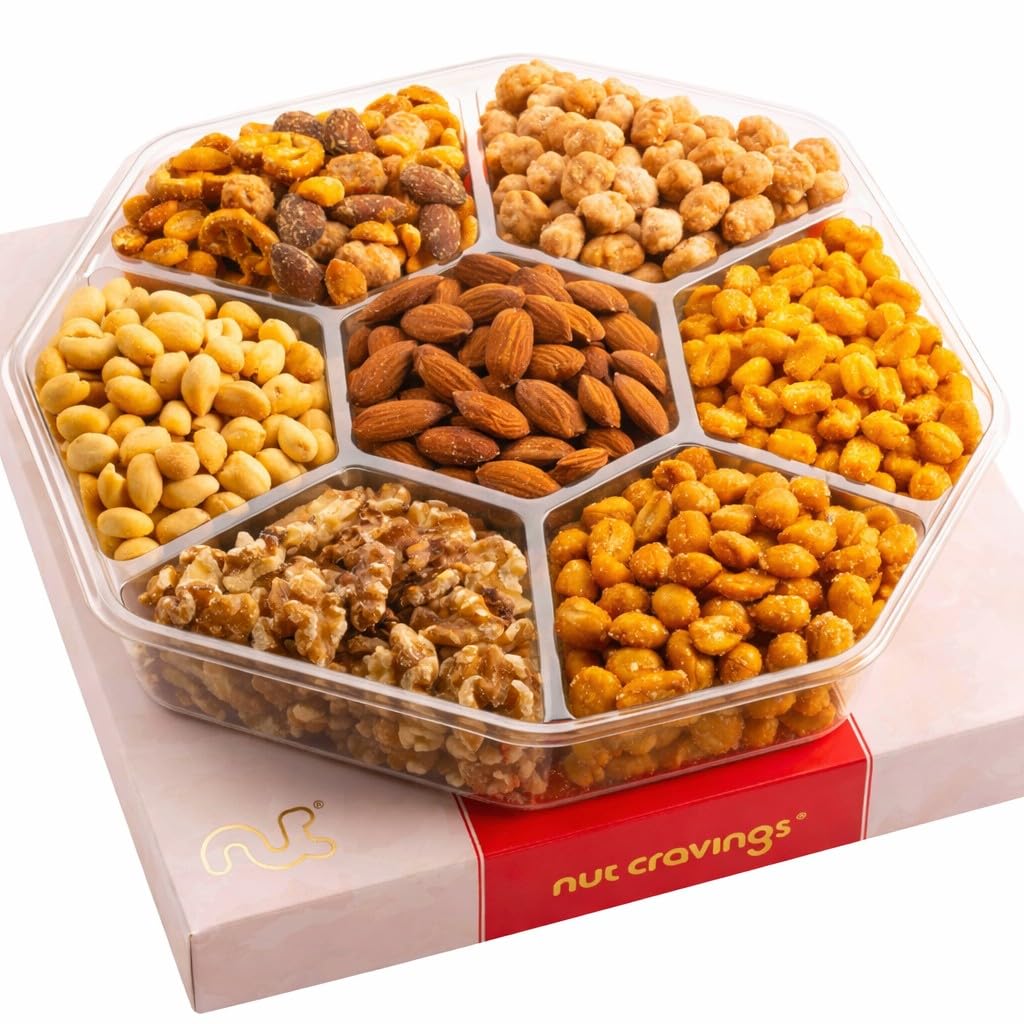 NUT CRAVINGS - Valentines Day Mixed Nuts Gift Basket in Red Gold Classic Box (7 Assortments, 1 LB) Treats for Adults, Food Arrangement, Healthy Snack Care Package, Kosher