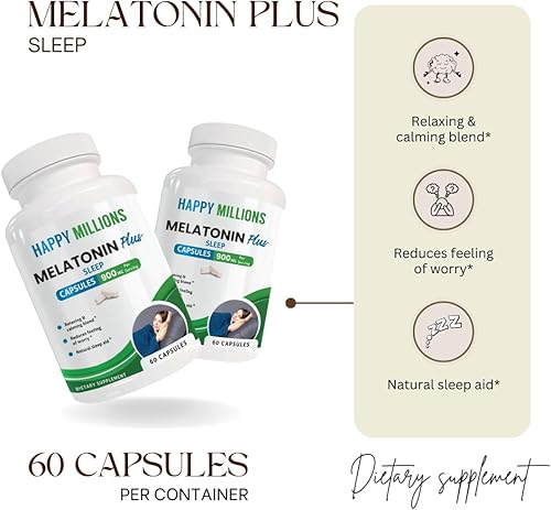 Miniatura 7 de HAPPY MILLIONS Melatonin Plus  Suplemento natural para apoyar el sueño con melatonina, L-triptófano, manzanilla y ashwagandha  60 cápsulas